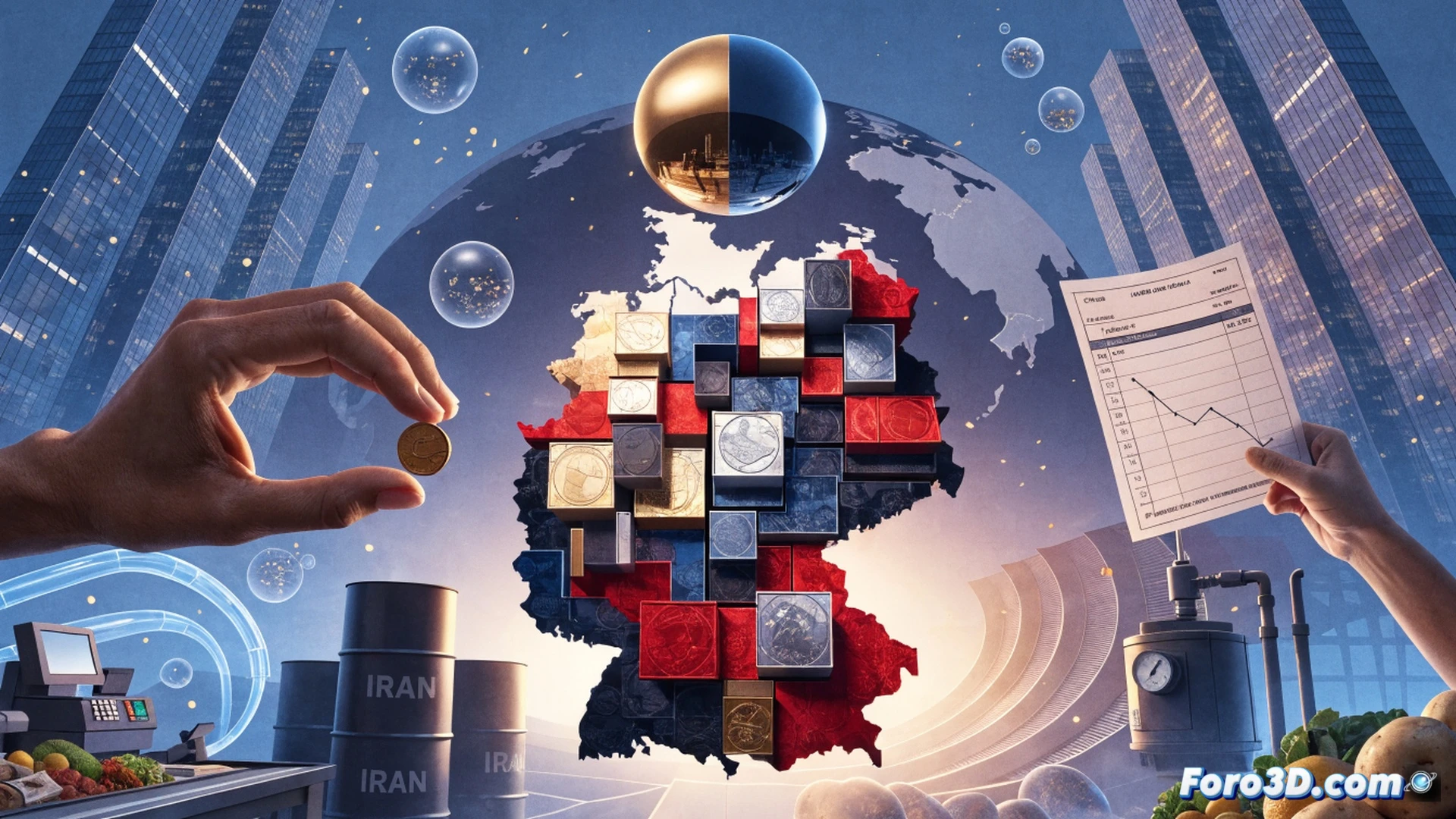 German consumer shopping in a bright supermarket aisle, holding a fuel nozzle shaped like a shopping cart handle while petrol price tags drop from 2,9 euro to 2,3 euro markers, a digital inflation chart on a nearby screen showing a descending red line from April to June, a wallet with coins visibly relaxed in the shopper-s pocket, photorealistic technical illustration, soft natural lighting, detailed product shelves and price labels, clean modern grocery store environment, calm consumer relief atmosphere