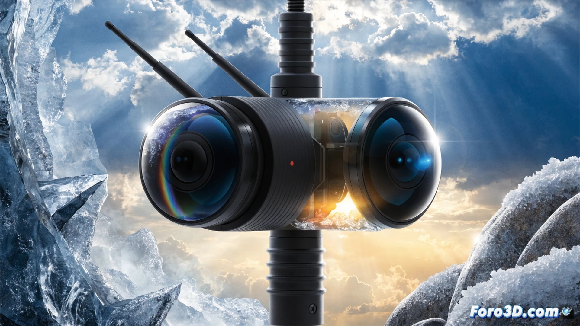 Insta360 X5 camera mounted on a hiking backpack strap, waterfall spray hitting the lens while a hiker moves through a misty jungle river, 8K 360-degree recording in progress shown by subtle lens reflection and dynamic motion blur, water droplets beading on the glossy black body, rugged exterior with visible lens array and cooling vents, cinematic photorealistic technical illustration, dramatic low-angle shot emphasizing the camera’s waterproof action, bright green foliage and blue water contrasting with dark metallic hardware, ultra-detailed surface textures, adventure sports lighting with sun rays piercing canopy