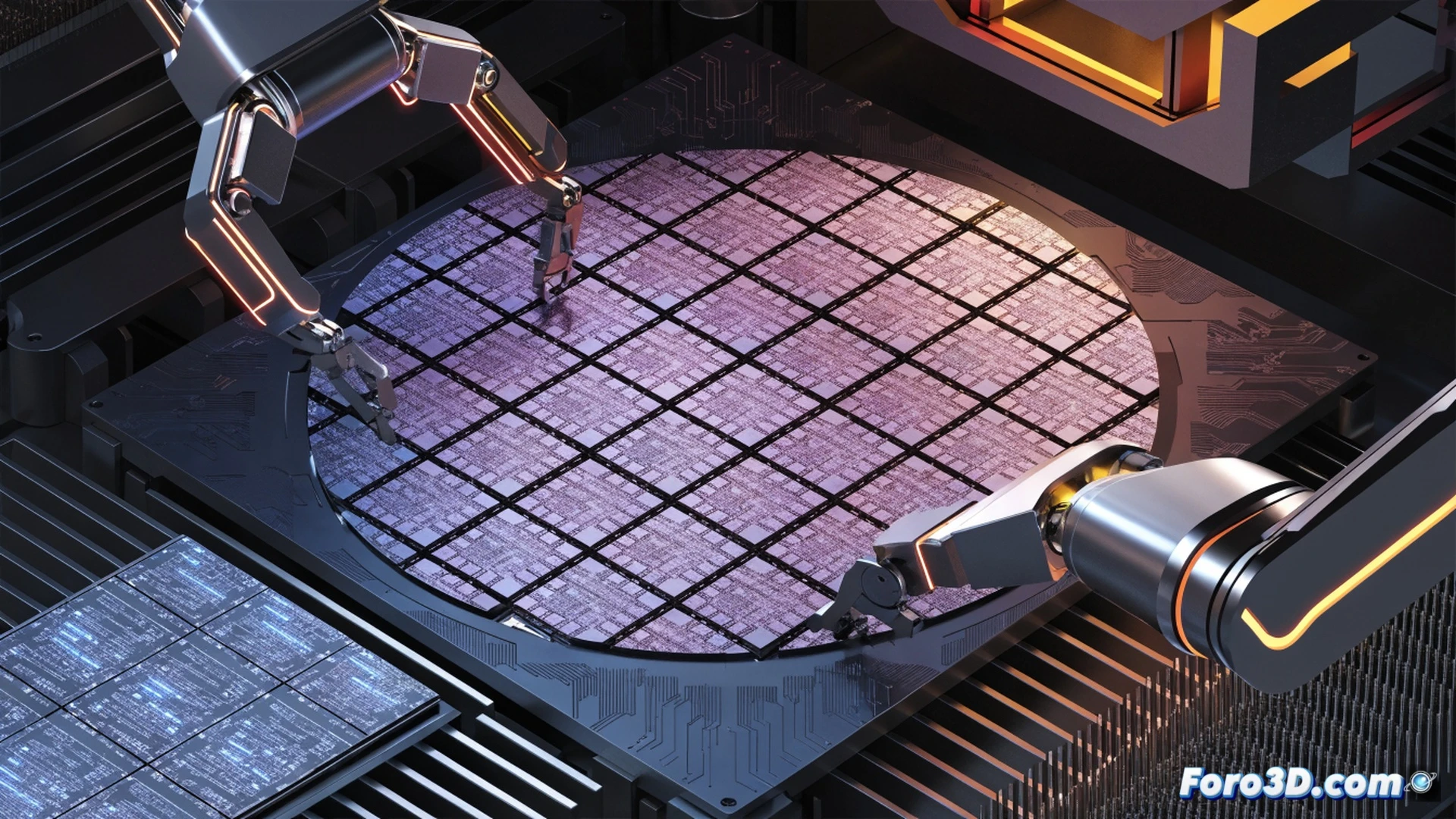 Microchip wafer fabrication cleanroom, robotic arm handling a 300mm silicon wafer under blue-tinted lighting, multiple wafers in transparent cassettes showing uniform transistor patterns, scanning electron microscope screen displaying defect-free crystal lattice, glowing process control dashboard with real-time yield metrics, cinematic engineering visualization, photorealistic technical render, dramatic industrial lighting, ultra-detailed mechanical precision, cleanroom environment with HEPA filter vents, robotic automation in action during wafer inspection