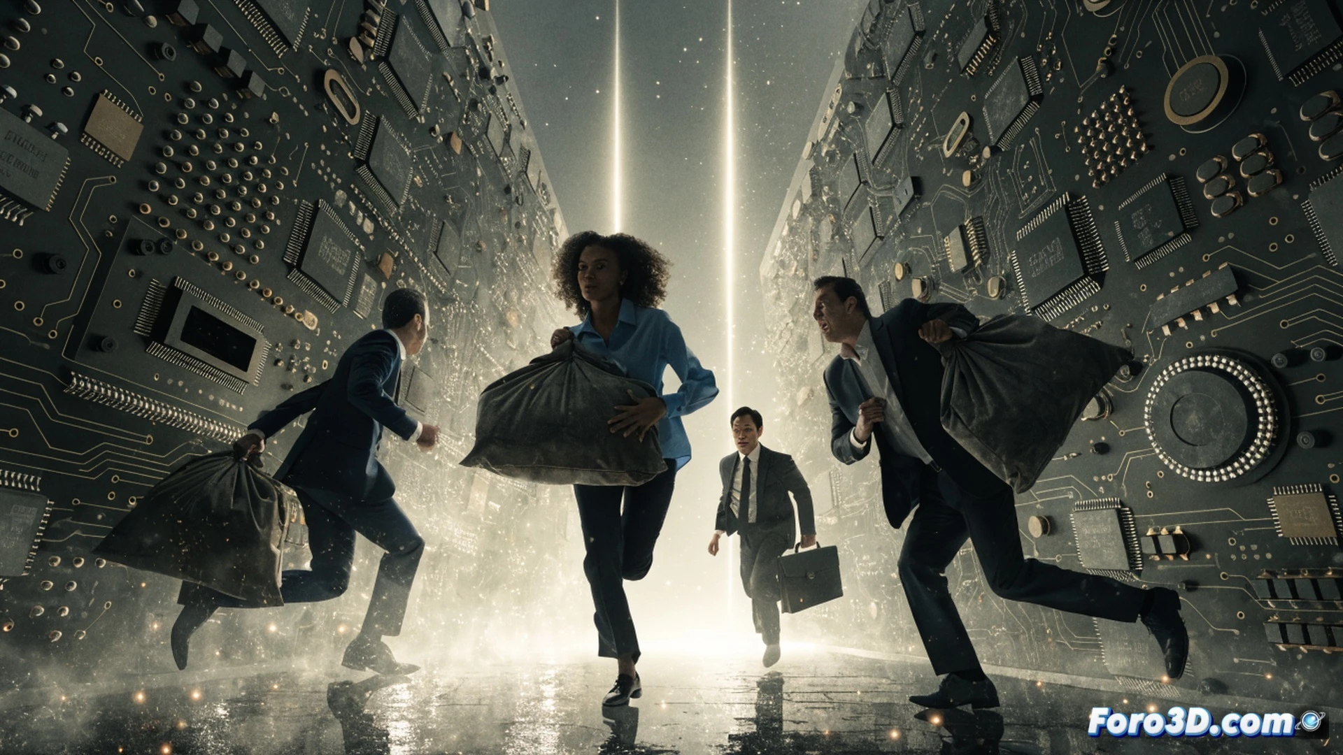 cinematic technical illustration of a cascading domino effect of microchip components falling off a stock market graph line, glowing red circuit board fragments scattering while institutional fund managers in the background turn away from a giant AI chip model, bearish market sentiment, financial data server racks dimming, photorealistic 3D render, dramatic side lighting, metallic and silicon textures, motion blur on falling chips, dark blue and crimson color palette, ultra-detailed semiconductor die patterns, high contrast industrial atmosphere
