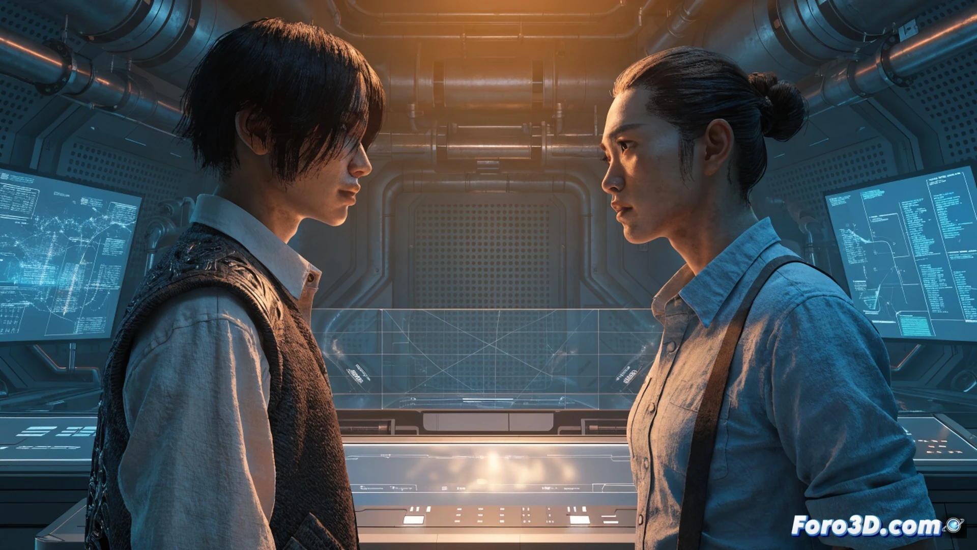 Unreal Engine 5 simulador de vida fotorrealista, personaje humano hiperdetallado ajustando texturas de piel y cabello en un espejo virtual, reflejos dinámicos con Lumen, sombras suaves con Nanite, interfaz de edición facial mostrando controles deslizantes de poros y arrugas, luz volumétrica entrando por una ventana, expresión facial emocional durante el proceso de personalización, cinematic photorealistic technical visualization, primer plano extremo, piel translúcida con iluminación global, fondo de habitación moderna con muebles metálicos, alta definición de materiales y reflejos especulares