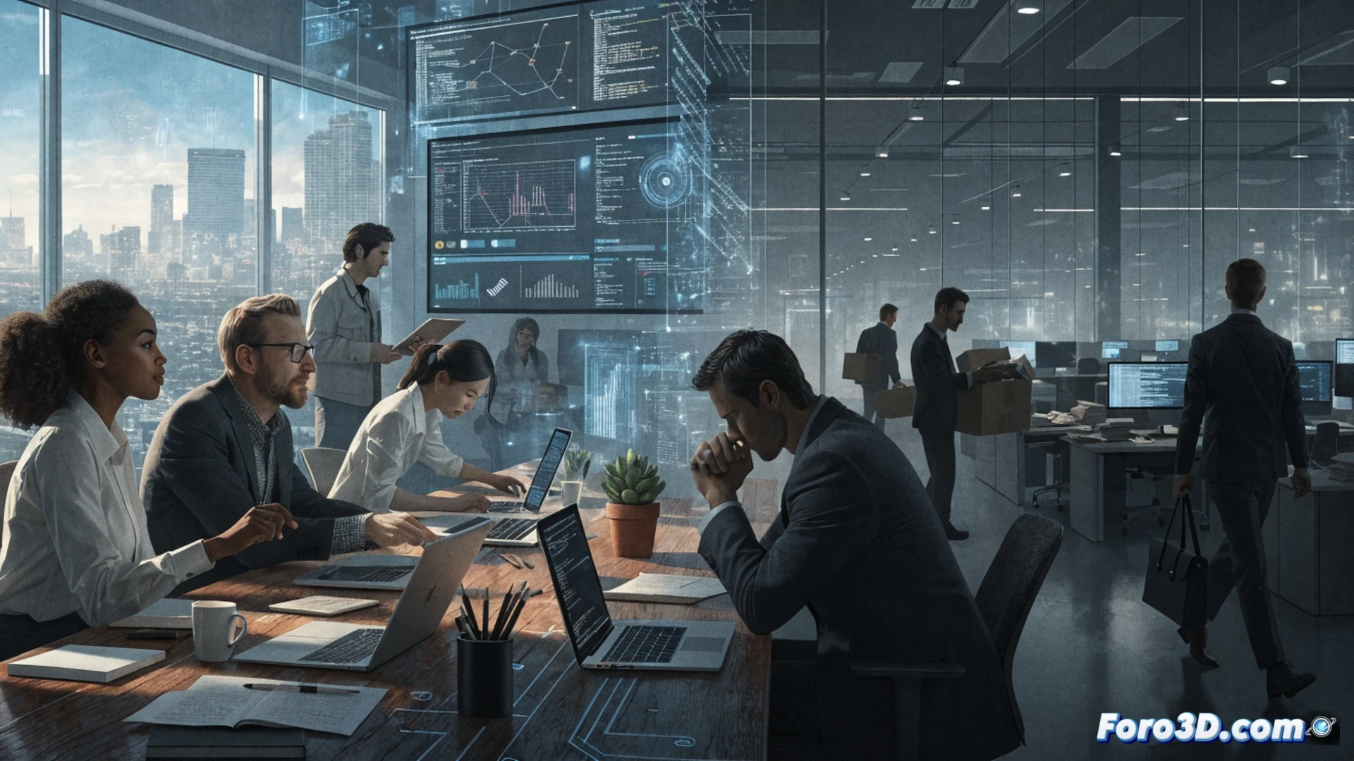 game development studio office scene, multiple empty desks with monitors displaying paused 3D modeling software, two developers packing personal belongings into cardboard boxes while a third developer stares at a darkened screen showing an unfinished game level, concept art of a fantasy world pinned to a wall partially torn down, technical engineering visualization style, cold fluorescent overhead lighting, dust particles in the air, abandoned coffee cups and tangled cables on desks, photorealistic render, cinematic composition, somber atmosphere, sharp focus on workstation hardware and peripherals