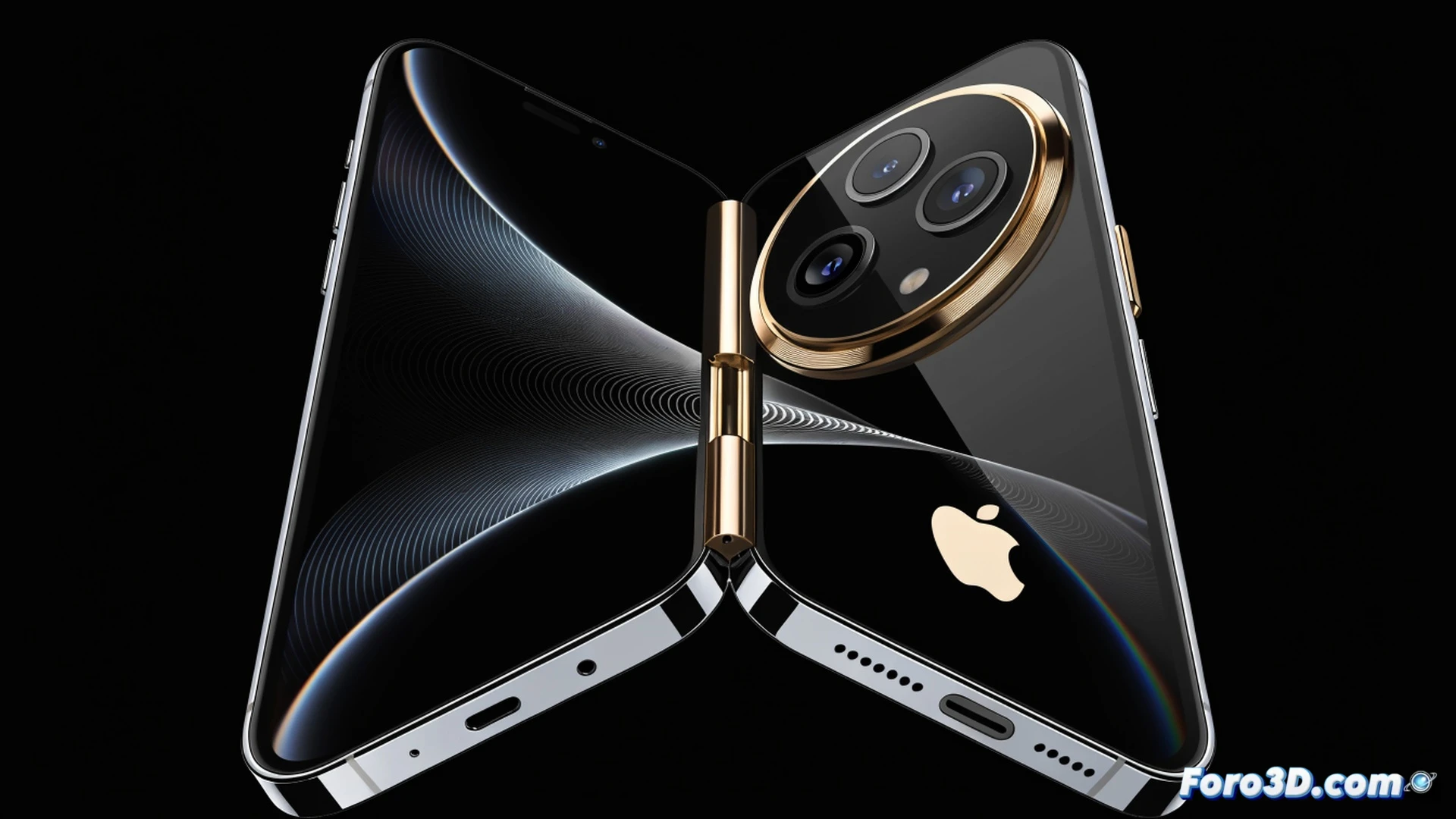 Ultra-thin iPhone prototype being assembled by robotic arms in a sterile cleanroom, flexible OLED screen bending at 180 degrees during a stress test, laser sensors measuring hinge tolerance, glowing circuit board exposed on a floating carbon-fiber chassis, premium titanium frame with brushed finish, microscopic alignment tools adjusting internal components, cinematic engineering visualization, dramatic side lighting reflecting off metallic surfaces, sharp focus on fold mechanism joints, photorealistic technical render, ultra-detailed industrial environment