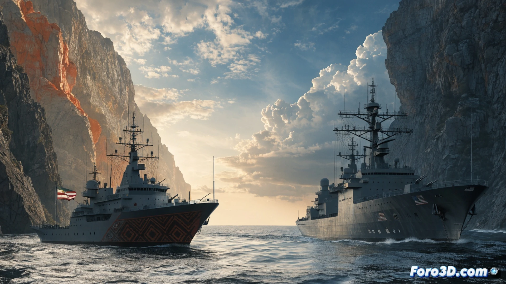 large oil tanker navigating through Strait of Hormuz, Iranian naval patrol boat intercepting, radar screens showing tracking signals, geopolitical tension visualization, cargo ship engines steaming, water churning around hull, military vessel approaching with weapons visible, technical illustration style, photorealistic render, dramatic overcast sky, industrial shipping lanes, strategic chokepoint geography, ultra-detailed maritime equipment, cinematic lighting with reflections on water