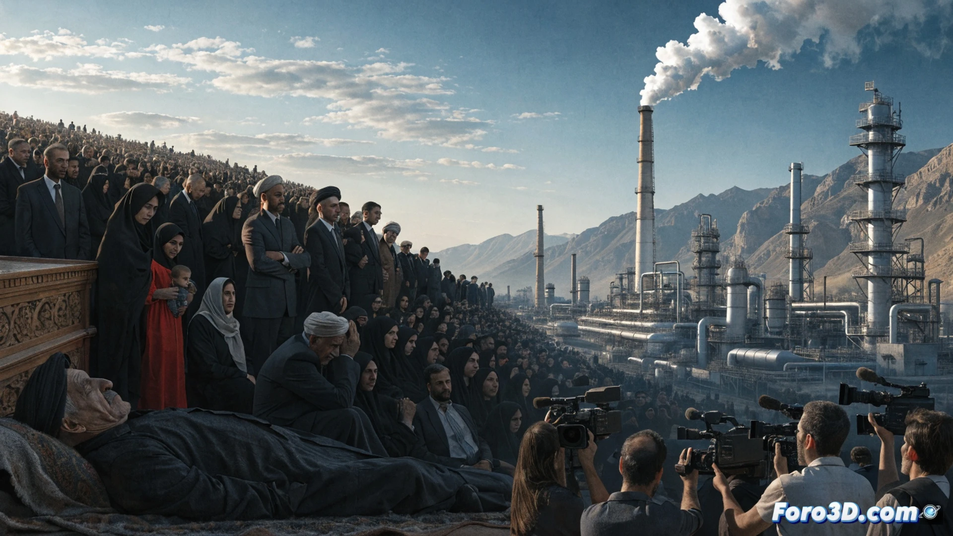 oil refinery control room split view, left side showing a black mourning veil draped over a cracked television screen broadcasting protests in Tehran, right side displaying a glowing stock market terminal with crude oil price spikes, a female engineer in hijab stands frozen between the two screens, one hand reaching toward the protest footage while the other hovers over a keyboard, broken surveillance camera dangling from ceiling, cables sparking, photorealistic cinematic lighting, metallic surfaces reflecting amber and blue glow, dust particles in air, ultra-detailed industrial equipment, dramatic shadows, technical illustration style