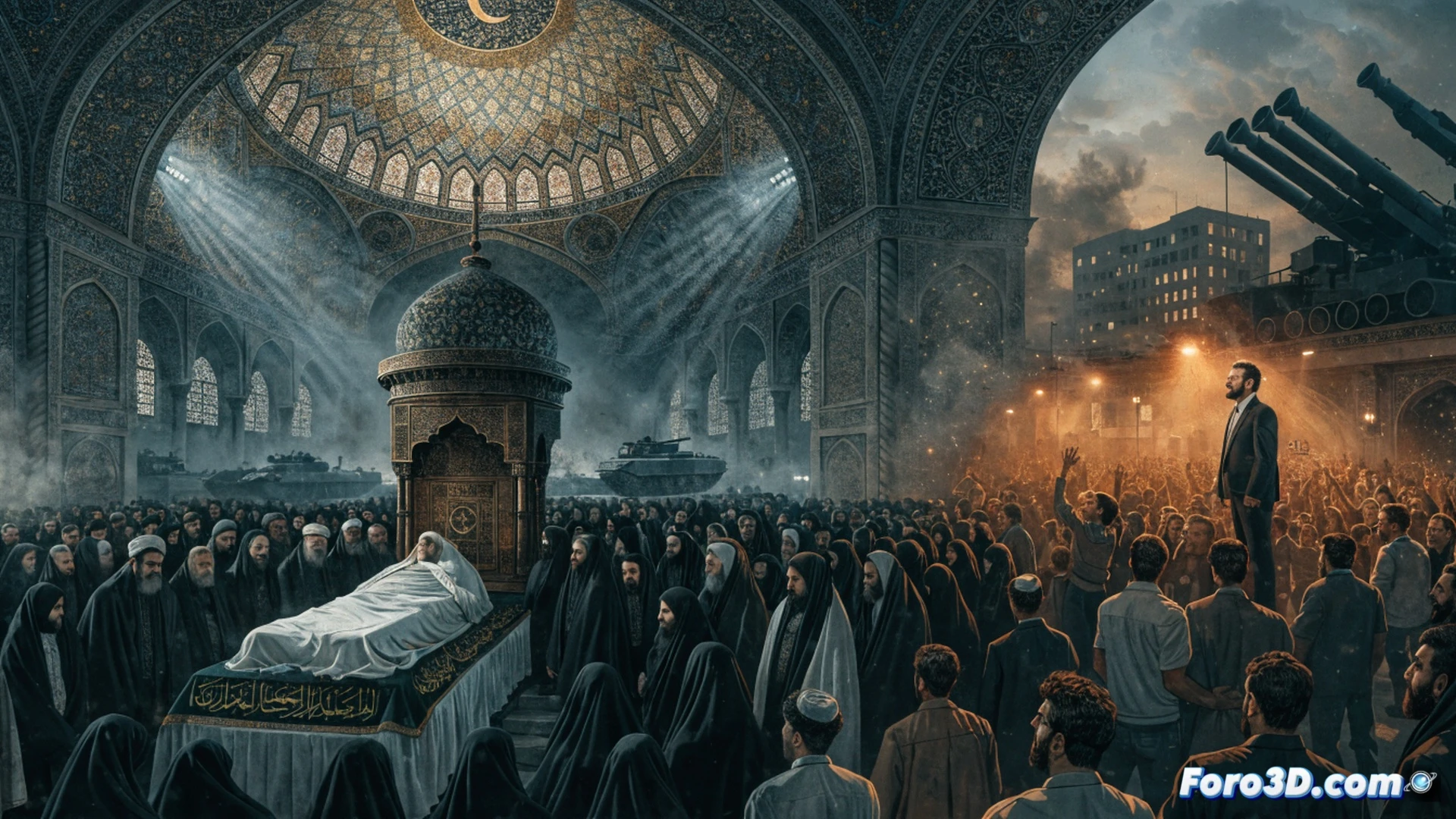 massive crowd gathered inside grand mosque of Tehran, black-clad mourners surrounding a wooden casket draped in Iranian flag, Revolutionary Guard commander Ahmad Vahidi in olive uniform standing solemnly at front, hands clasped, visible tension in his jaw and posture, citizens in background watching with anxious expressions, dim chandelier light casting long shadows across marble floor, security forces in tactical gear forming perimeter, cinematic photorealistic style, dramatic chiaroscuro lighting, ultra-detailed fabric textures and facial expressions, wide-angle composition emphasizing scale and gravity of moment, no text or symbols visible