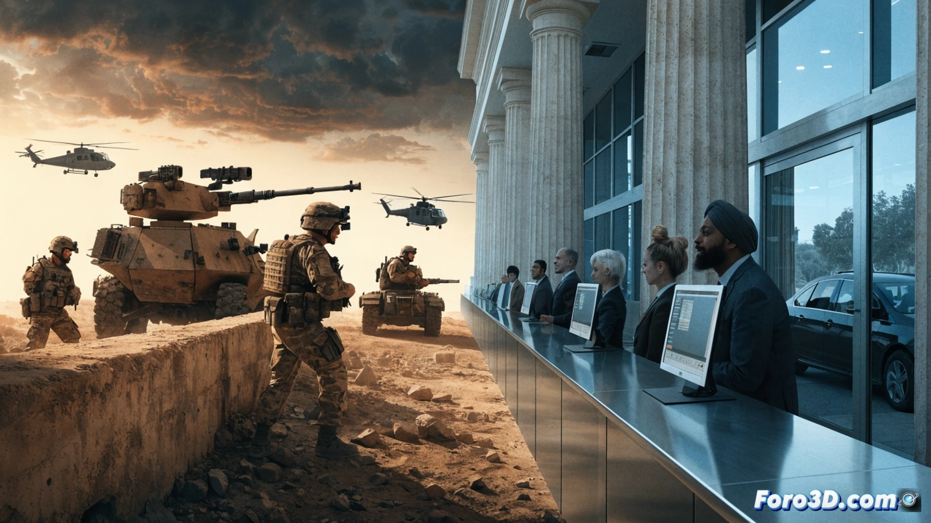 massive military budget allocation document being signed by a finance minister, stacks of euros flowing from a civilian service icon (school, hospital) into a glowing defense ministry vault, a scale tipping heavily toward a tank and fighter jet, while a teacher and doctor watch from the side, cinematic photorealistic engineering visualization, dramatic chiaroscuro lighting, metallic currency textures, precise financial ledger details, action of transfer shown as glowing particle stream, hyper-detailed official stamps and security holograms, wide-angle lens, deep shadows emphasizing the sacrifice of public services.