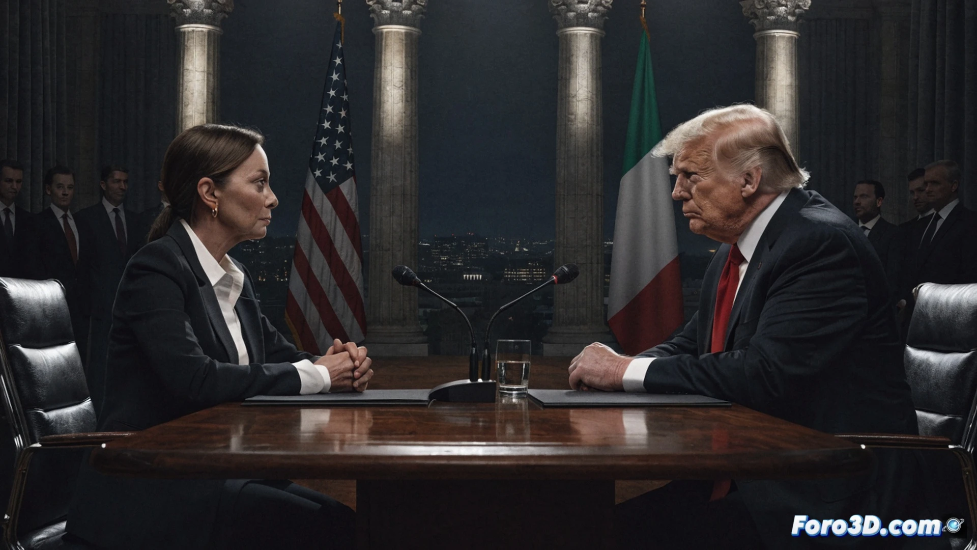Cinematic photorealistic scene of Italian and US diplomats shaking hands in front of a glass-walled security command center, glowing bilateral trade flow data projected on transparent screens, a reinforced steel briefcase with economic agreement documents being handed over, flags of both nations mounted on polished metal poles, subtle tension in facial expressions but formal posture maintained, high-tech conference room with holographic globe showing secure supply chain routes, professional lighting casting sharp shadows, ultra-detailed textures on suits and flags, engineering visualization style
