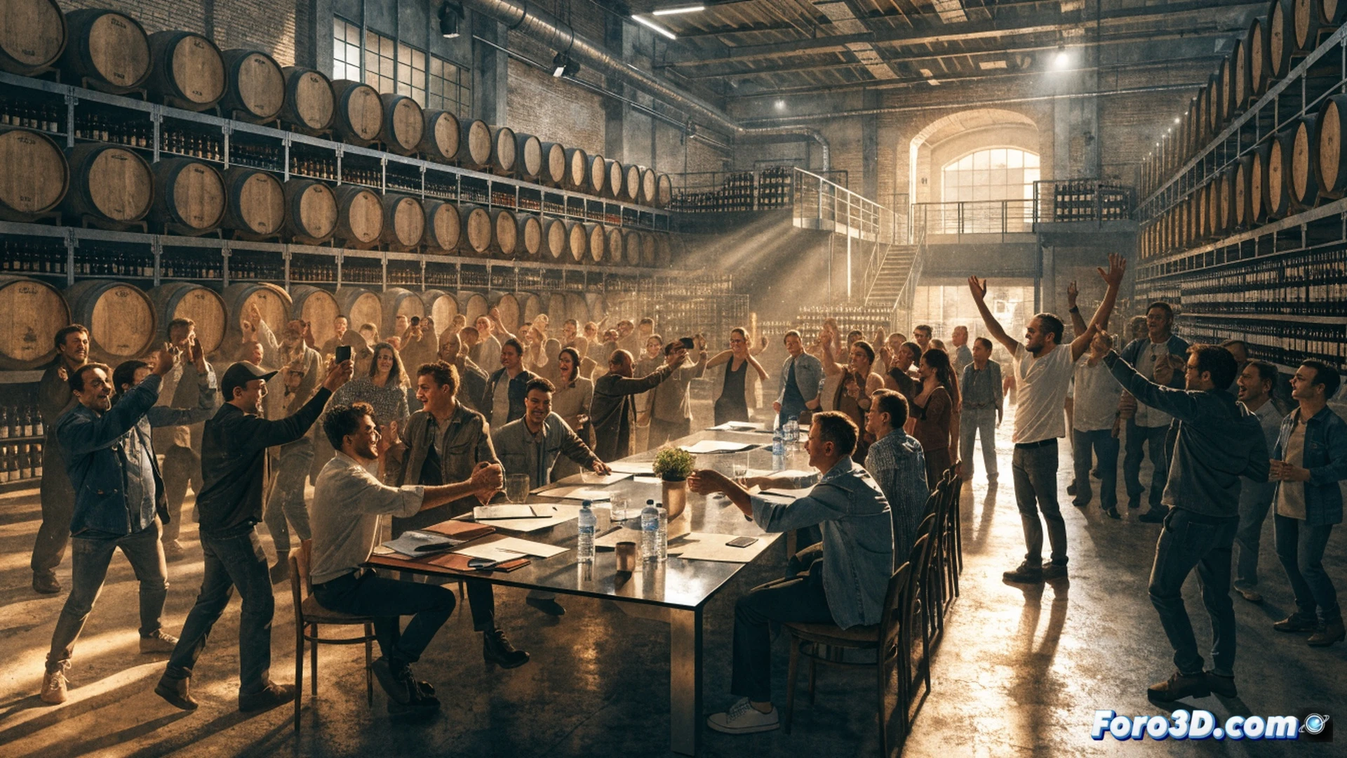 bodega industrial con trabajadores vitivinícolas reunidos alrededor de una mesa de votación sindical, levantando papeletas en un ambiente de celebración, mostrando una urna transparente con votos visibles, mientras un delegado oficializa el proceso con un acta, al fondo toneles de roble y maquinaria de embotellado, estilo fotorealista cinematográfico, iluminación cálida contrastada con focos industriales, texturas detalladas de madera y acero inoxidable, profundidad de campo suave, celebración laboral histórica