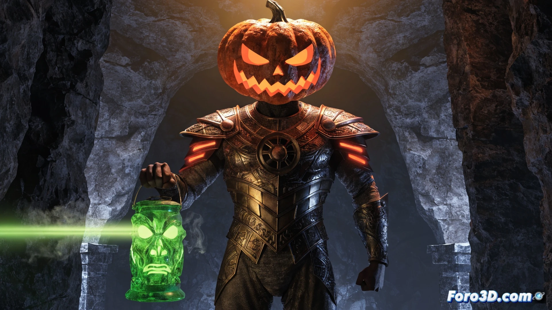 Jack O'Lantern Daniel Cormac holding a glowing mystical lantern while standing on a dark Gothic rooftop at night, the lantern emits swirling green magical energy that illuminates scattered vintage comic pages and old DC comic panels floating around him, a shadowy figure of a forgotten hero fading into mist in the background, cinematic comic book art style, dramatic chiaroscuro lighting, high contrast shadows, photorealistic render with painterly textures, moody purple and green color palette, intricate lantern details with carved pumpkin motifs, action pose showing him raising the lantern to fight unseen foes, technical illustration of mystical energy arcs flowing from the lantern, ultra-detailed fabric folds on his costume, heroic silhouette against a stormy sky