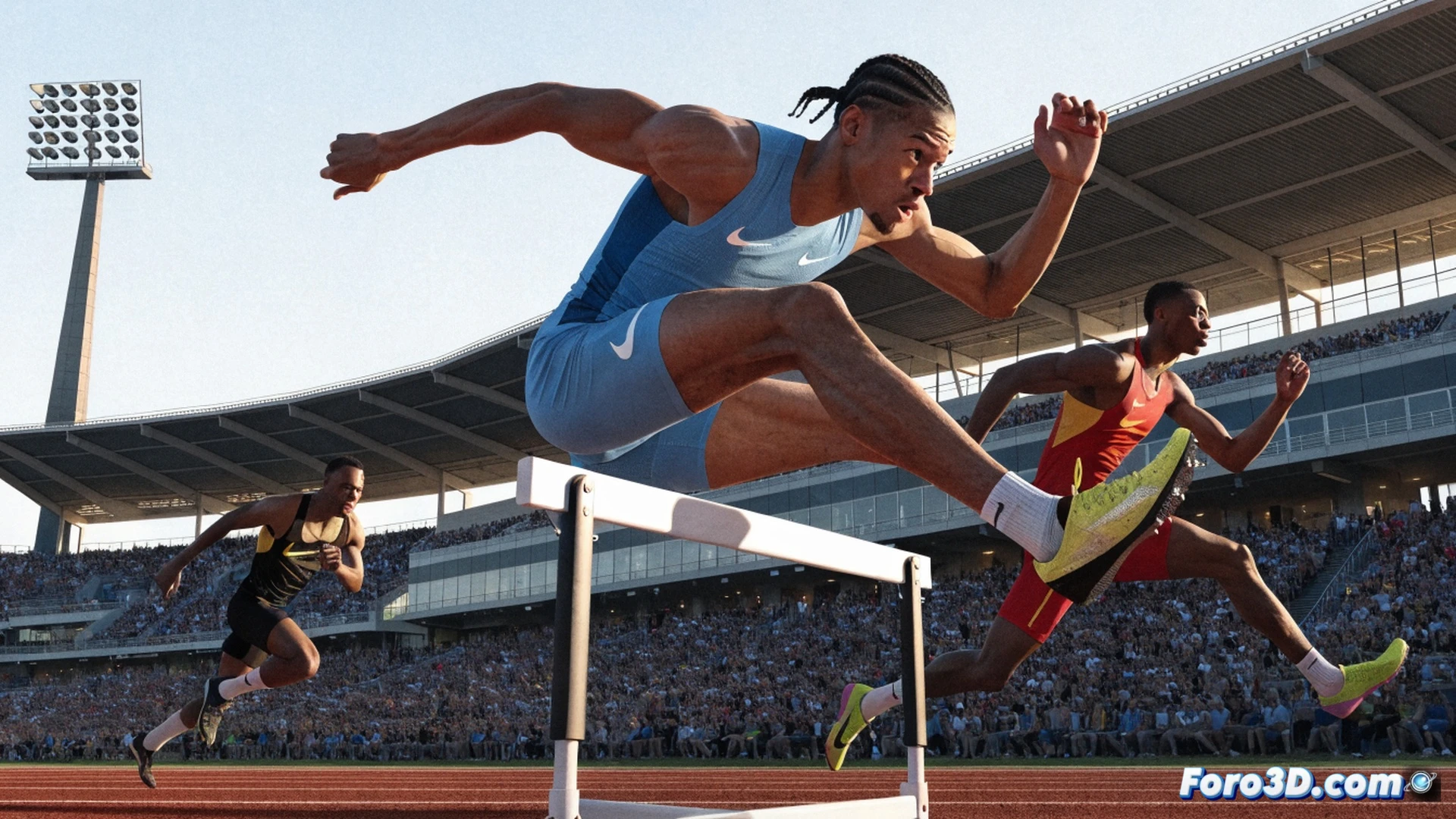 young Black male athlete mid-stride clearing a high hurdle, 110m hurdles race in Oregon university stadium, muscles tensed, jersey number visible, motion blur on trailing leg, crowd blurred in background, timing display showing world record breaking moment, photorealistic sports photography style, golden hour sunlight casting long shadows, dramatic contrast, high-speed shutter effect, ultra-detailed muscle definition, sweat droplets frozen in air, dynamic angle from low ground perspective, cinematic composition