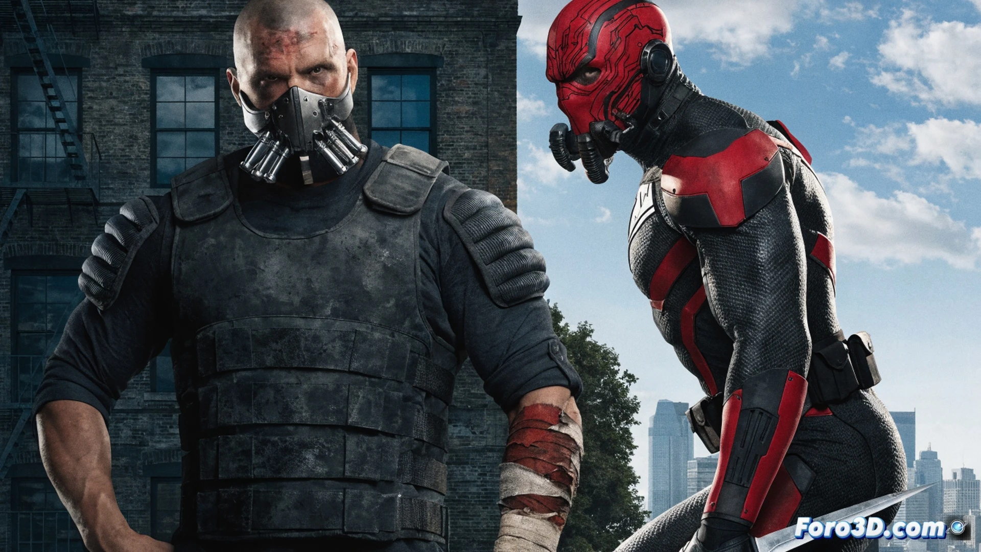 two muscular mercenaries Bane and Deathstroke in a dark underground bunker, Bane crushing a reinforced steel control panel with his bare hands while Deathstroke aims a high-tech rifle with glowing scope, sparks from severed electrical cables arcing across the scene, broken concrete debris suspended mid-air during the explosive action, tactical gear with visible armor plates and venom tubes, cinematic photorealistic style, dramatic low-angle lighting from flickering emergency lights, smoke and dust particles highlighted by blue and orange backlight, ultra-detailed mechanical textures on weapons and body armor, intense motion blur on swinging chains and falling debris, engineering visualization of structural failure under impact