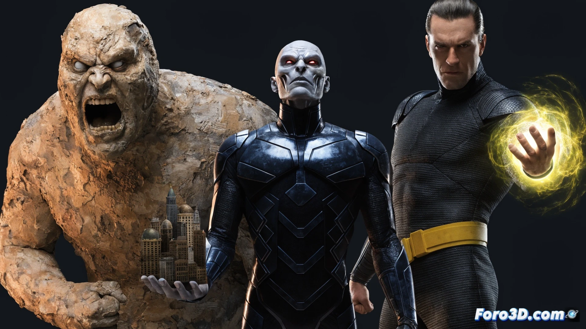 three DC villains Clayface Brainiac and Sinestro appearing together in a single cinematic scene, Clayface morphing his clay body into a monstrous claw mid-attack while Brainiac's skull-ship hovers overhead collecting a miniature city in a green tractor beam, Sinestro flying forward with a glowing yellow power ring projecting fear constructs, photorealistic technical illustration, dramatic storm clouds with lightning, debris particles floating in zero gravity, glowing energy arcs connecting the villains, ultra-detailed skin textures and metallic surfaces, cinematic lighting with deep shadows and rim lights, high-contrast industrial color palette of green yellow and brown, motion blur on Clayface's transforming arm, realistic material shaders for clay and alien metal, engineering visualization style showing structural tension in the scene