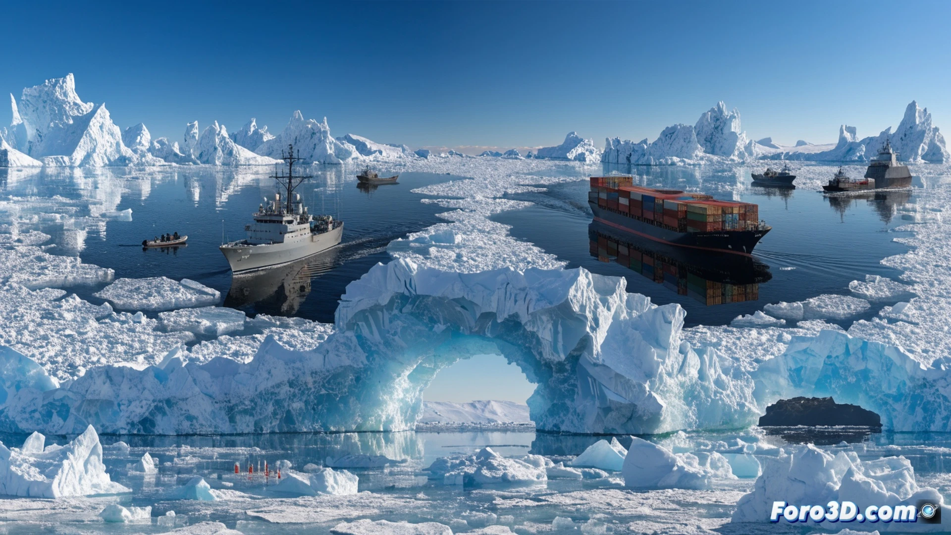 Japanses Self-Defense Force icebreaker ship navigating through Arctic sea ice, while Chinese and Russian naval vessels appear on the horizon, radar screens inside the ship bridge showing multiple tracking blips, satellite communication antennas on deck rotating, cold blue lighting, frost-covered hull, ice chunks being crushed during passage, photorealistic technical illustration, ultra-detailed maritime equipment, dramatic overcast sky, realistic ocean spray freezing on metal surfaces, high-resolution military engineering visualization