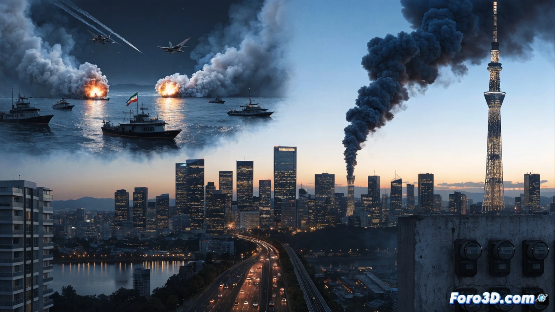Japanese oil tanker stopped at sea near a massive pipeline terminal, workers in protective gear inspecting a cracked valve leaking dark crude oil, holographic dashboard showing 93% import dependency graph crashing into red warning zone, solar panels and wind turbines partially visible on distant shore, cinematic photorealistic engineering visualization, dramatic storm clouds overhead, oil slick reflecting emergency lights, technical industrial lighting, ultra-detailed mechanical components, realistic maritime crisis scene