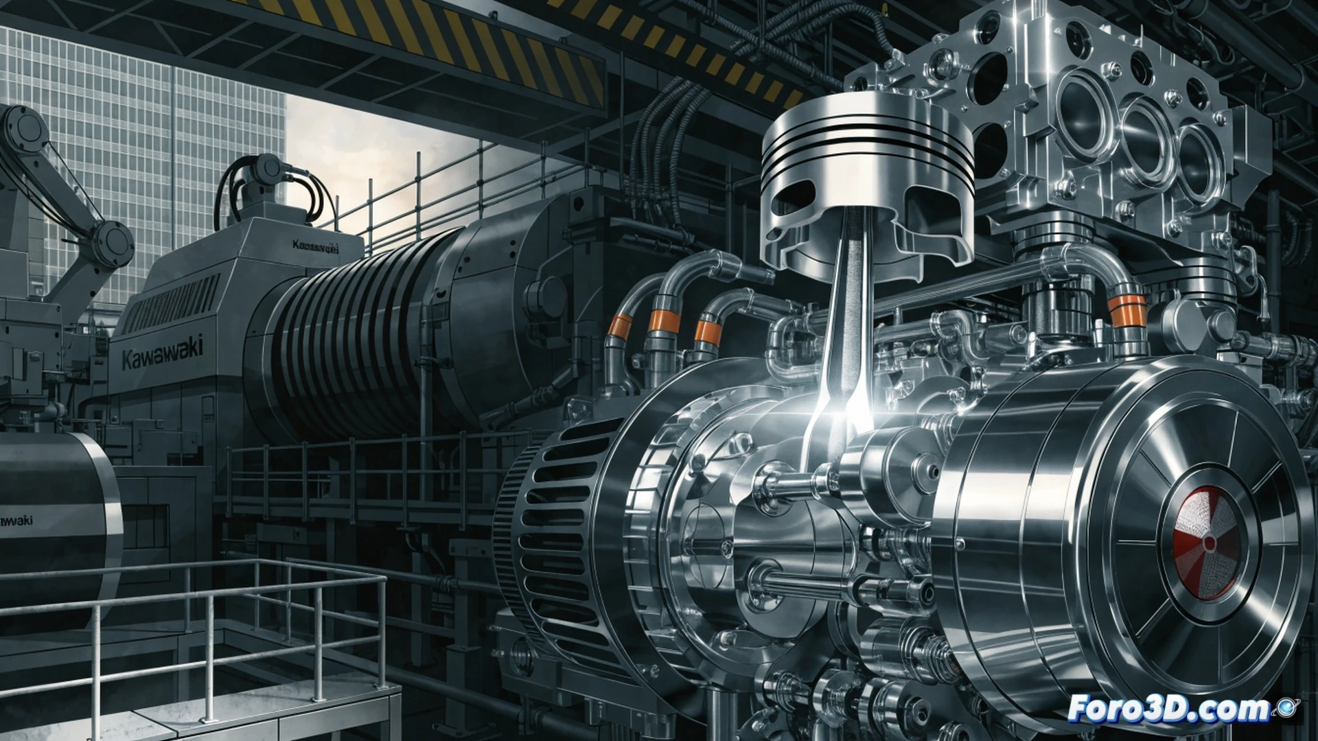 cross-section of a modified hydrogen combustion engine block, blue flame igniting inside a transparent cylinder while a technician adjusts a fuel injector rail, high-pressure hydrogen tank connected via braided steel line, digital pressure gauge showing 700 bar, tools on a clean workbench, Kawasaki and Toyota logos faintly visible on metal surfaces, cinematic engineering visualization, metallic reflections, cool blue and orange glow from combustion chamber, photorealistic technical render, dramatic industrial lighting, ultra-detailed mechanical components