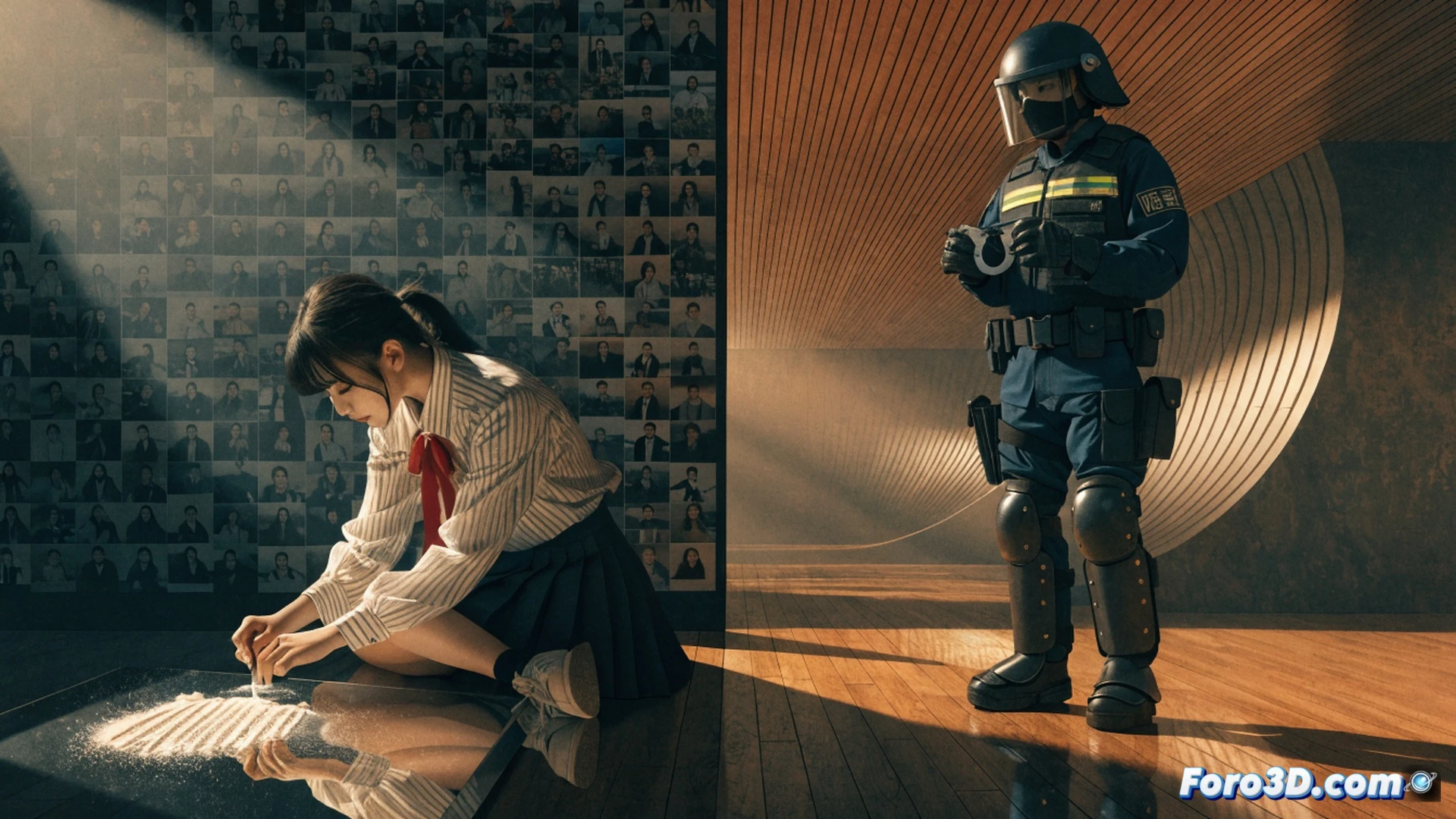 Japón mapa digital mostrando puntos rojos de alerta creciendo en Tokio y Osaka, agentes de policía en laboratorio forense analizando polvo blanco con microscopio electrónico, jeringuillas y billetes sobre mesa metálica, gráfico de barras en monitor subiendo abruptamente hacia 2025, estilo cinematográfico documental, iluminación fría azul-gris, sombras duras, textura granulada de vigilancia, enfoque nítido en evidencia y pantallas, photorealistic technical illustration