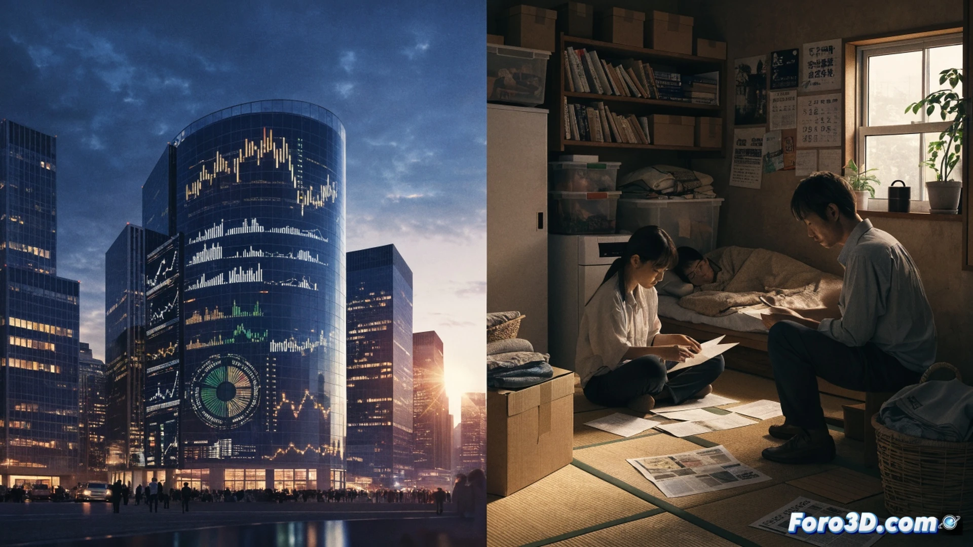 Japanese family living room, salaryman father staring at a smartphone showing rising stock market graph while his wife holds a shrinking household budget booklet, children eating simple meals at a low table, empty piggy bank on the floor, contrasting warm home lighting and cold blue screen glow, photorealistic interior scene, visible financial documents and digital devices, subtle tension in body language, cinematic composition, shallow depth of field, technical household items like calculator and utility bills scattered, realistic textures of tatami mats and wooden furniture