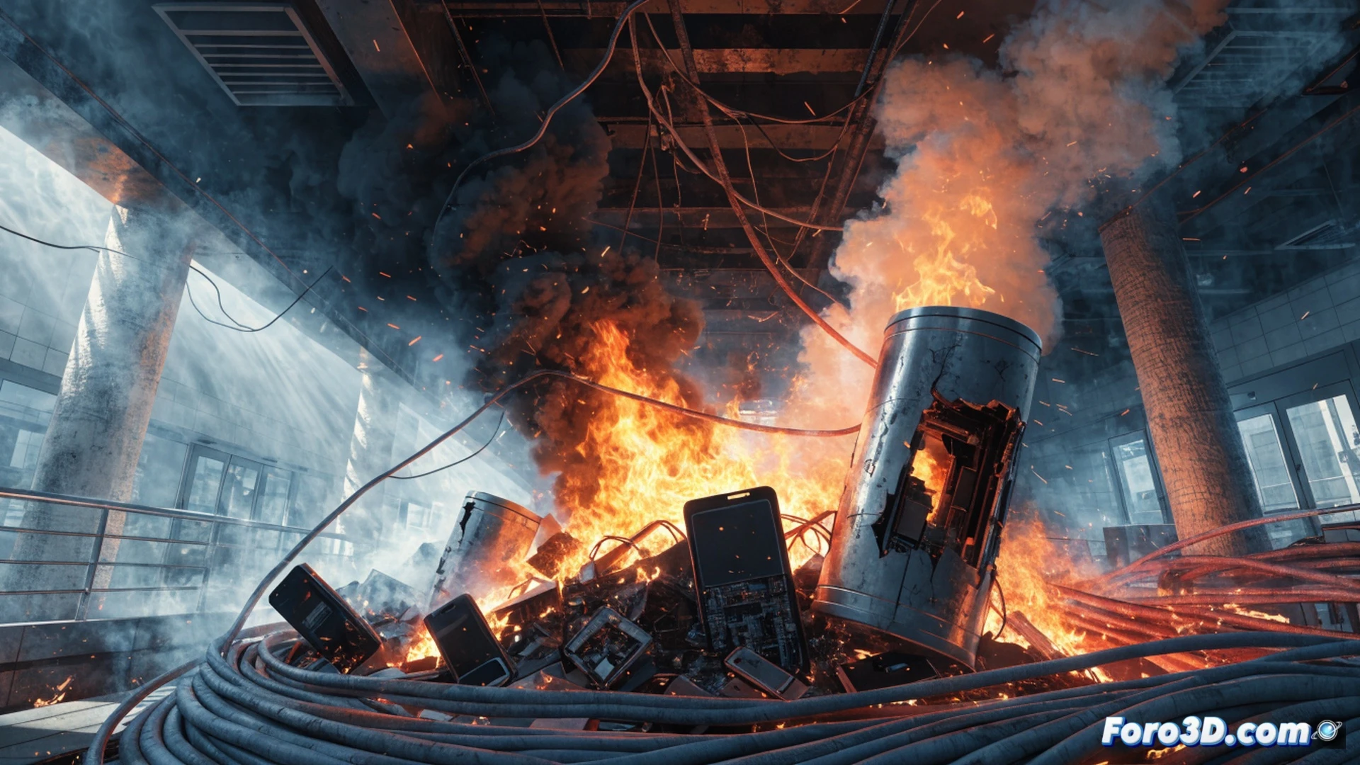 Japanese home interior scene, a portable lithium battery charger on a wooden table emitting smoke and small flames while connected to a smartphone, a tobacco heating device nearby with melted casing, visible thermal runaway process with glowing internal cells, realistic technical illustration style, cinematic lighting with dramatic red-orange glow from the fire, charred table surface, scattered ash particles in the air, detailed battery cell cross-section showing internal short circuit, photorealistic engineering visualization, ultra-detailed electronic components, warning signs of overheating on the charger casing, dim ambient room lighting contrasting with the intense fire glow