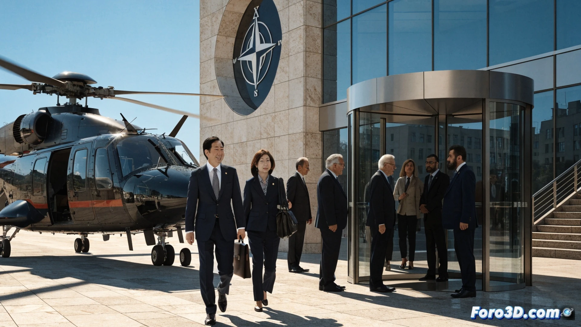 Japanese Foreign and Defense Ministers standing beside NATO officials in Ankara, a large digital world map on the wall showing alliance connections between Japan and Europe, ministers examining a holographic security network model, hands gesturing over a glowing data table displaying military and economic stability metrics, cinematic photorealistic visualization, embassy interior with polished marble floor, diplomatic flags of Japan and NATO aligned, dramatic side lighting, ultra-detailed suits and nameplates, realistic architectural render