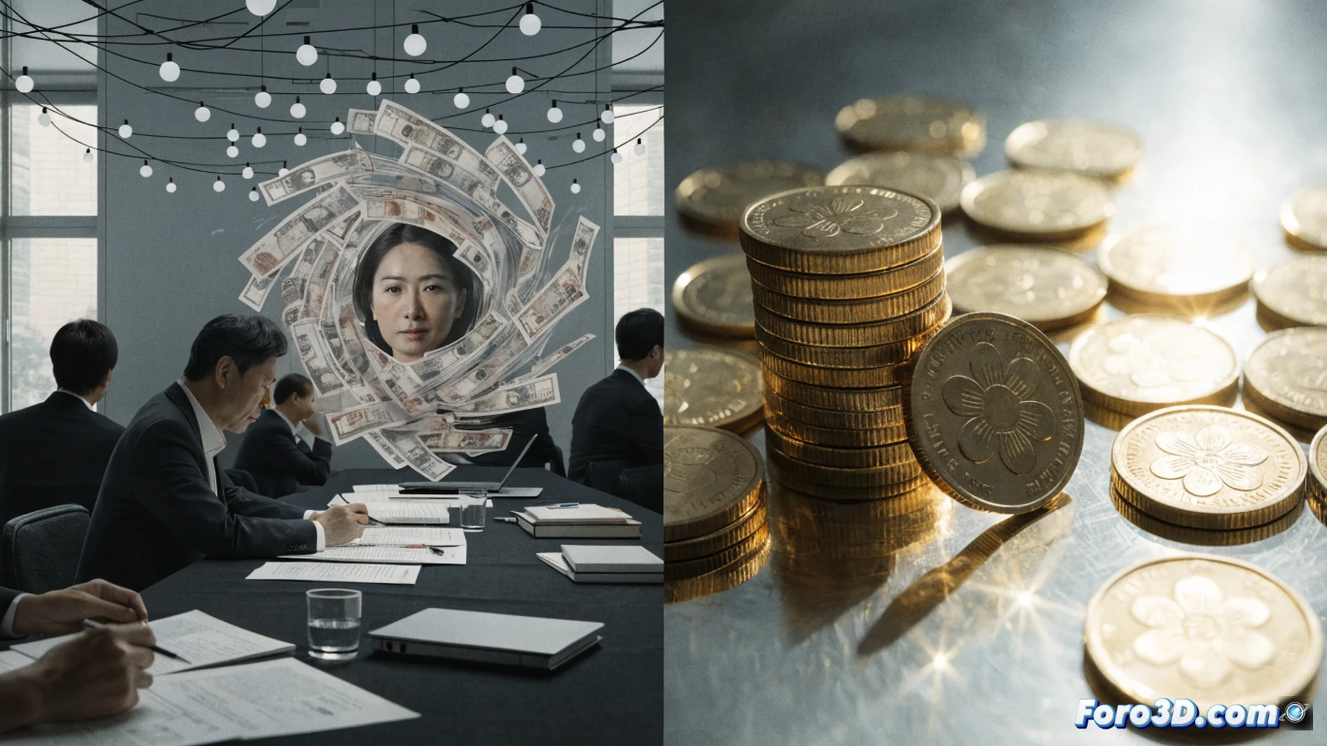 Ayano Sato standing at podium inside BoJ boardroom, central bank officials seated around dark wooden table, holographic interest rate chart showing 31-year high upward spike, Japanese yen banknotes and loan documents stacked with rising red arrows, smartphone displaying higher mortgage rates, piggy bank with slight glow indicating savings growth, photorealistic technical illustration, cinematic overhead lighting, polished marble floor reflections, professional business atmosphere, ultra-detailed financial instruments, dramatic shadows emphasizing historic monetary policy shift