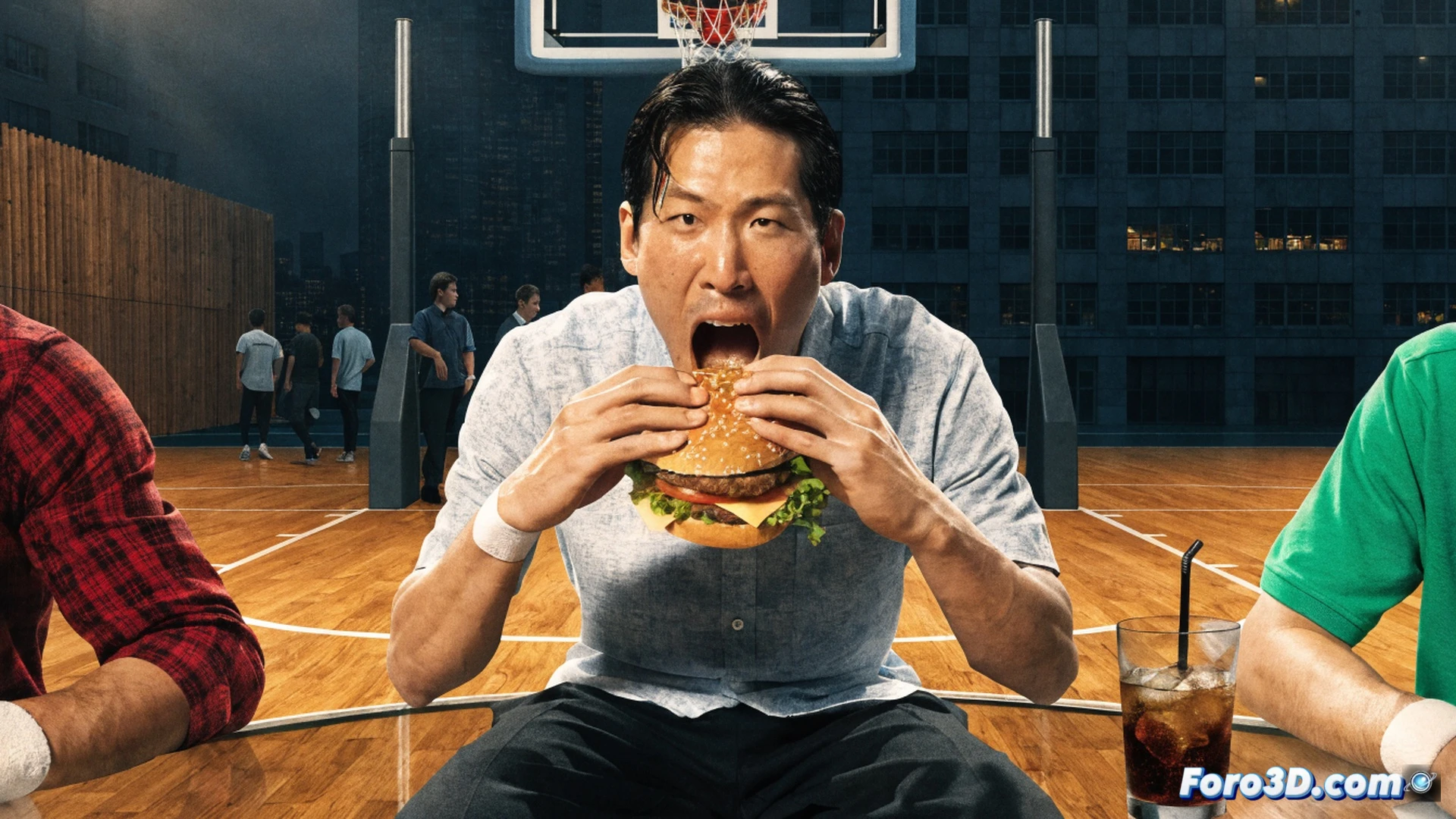 Jeremy Lin mid-bite gripping a large hamburger with both hands, ketchup dripping, timer on phone showing 45 seconds, Zermatt Neo laughing while holding a basketball, messy table with crumpled wrappers and a spilled drink, bright Singapore sports hall background with youth basketball hoop visible, cinematic action shot, dynamic motion blur on hands, photorealistic food texture, dramatic overhead lighting, sweat droplets on forehead, fast-eating process emphasized, ultra-detailed facial expression of competitive focus