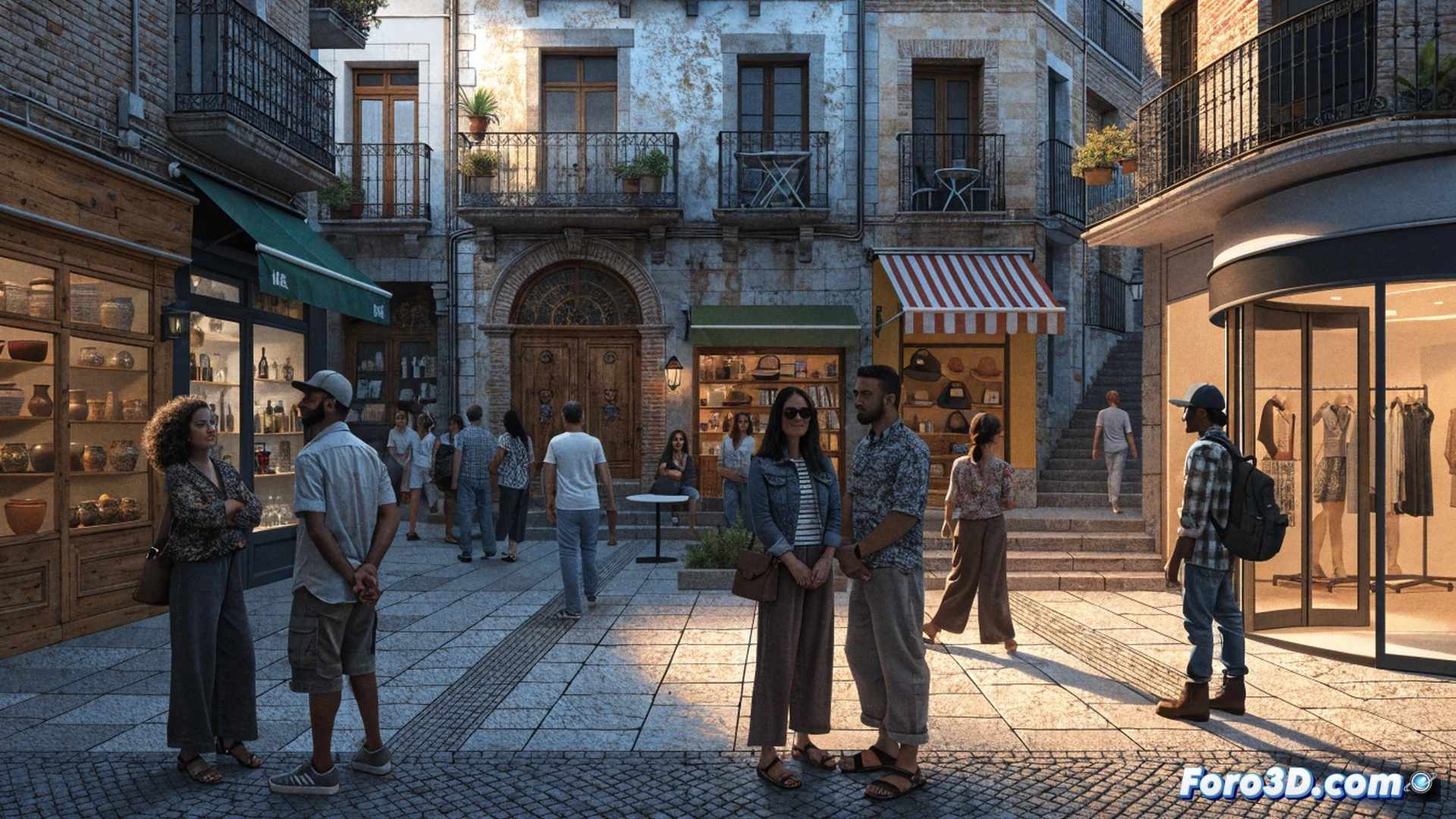 small shopkeeper arranging products on wooden shelves in a cozy Jerez street store, sunlight streaming through the window illuminating fresh bread and local goods, a customer smiling while paying at the counter, Acoje campaign poster visible on the wall, warm inviting atmosphere, photorealistic architectural interior, soft natural lighting, depth of field focusing on the interaction, commercial district context, detailed textures of stone walls and terracotta tiles, cinematic composition