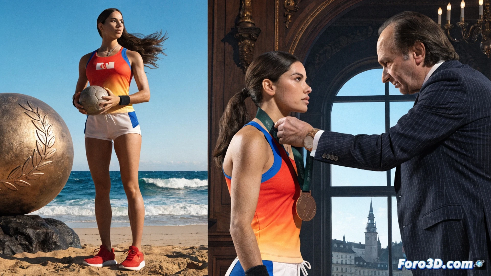 young female beach handball player celebrating on golden sand, bronze medal hanging from her neck, launching a ball with spin toward goal, teammates rushing to embrace her, Pozuelo skyline faintly visible in background, motion blur on ball trajectory, sweat droplets catching sunlight, worn-in sports gear and sand texture on skin, cinematic sports photography style, warm sunset lighting, shallow depth of field, triumphant action pose, photorealistic athletic moment
