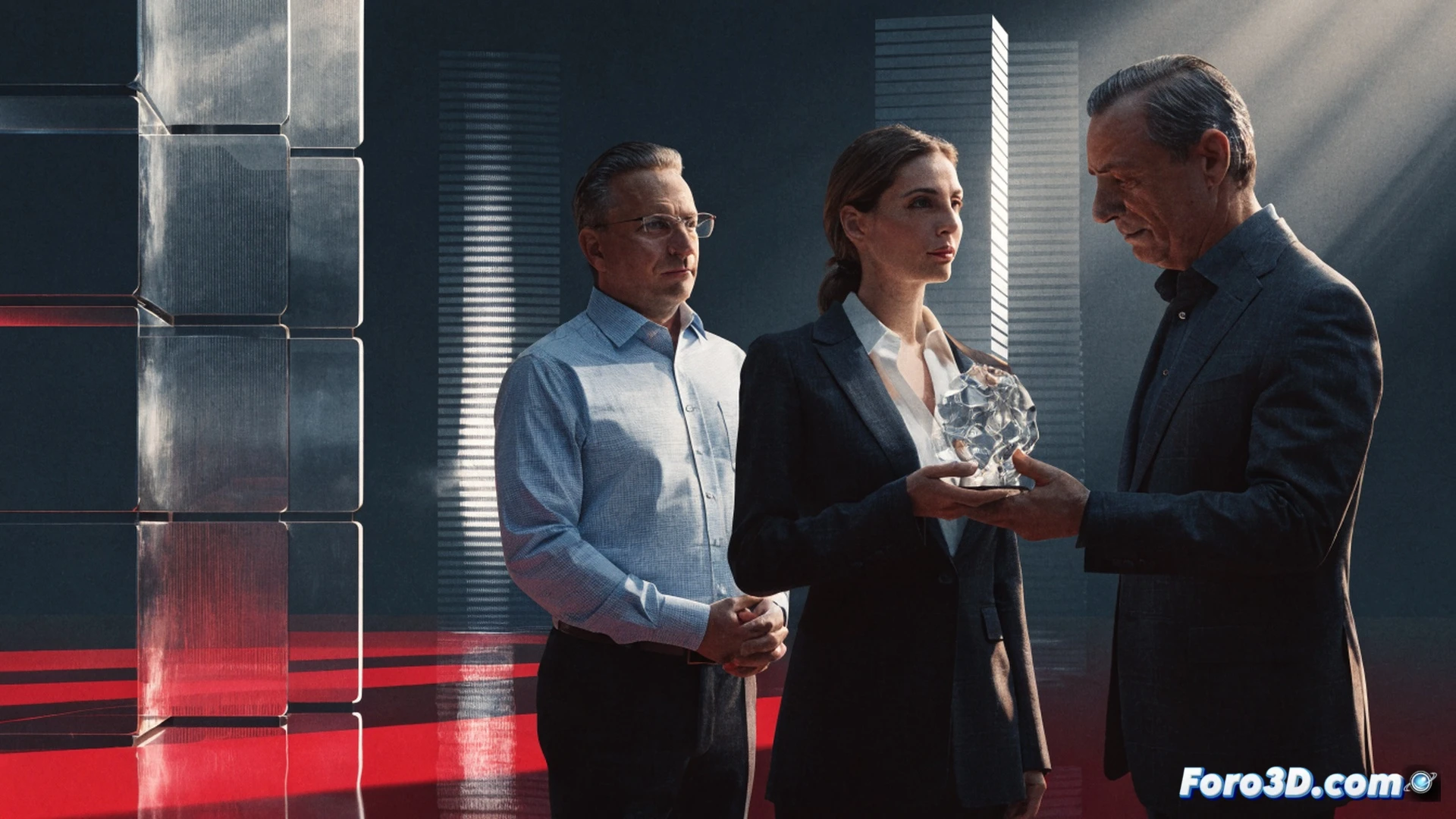 geographer Joan Romero pointing at a large urban planning hologram showing green corridors and flood maps while oncologist Anna Lluch holds a glowing DNA helix model and a tablet displaying patient recovery statistics, both standing on a stage with a sleek transparent podium engraved with Valencian community symbols, audience of medical researchers and architects in background, cinematic photorealistic technical illustration, warm golden lighting from stage spotlights, soft blue data streams floating in air, highly detailed skin textures and fabric folds, dramatic depth of field, ultra-realistic 8K render