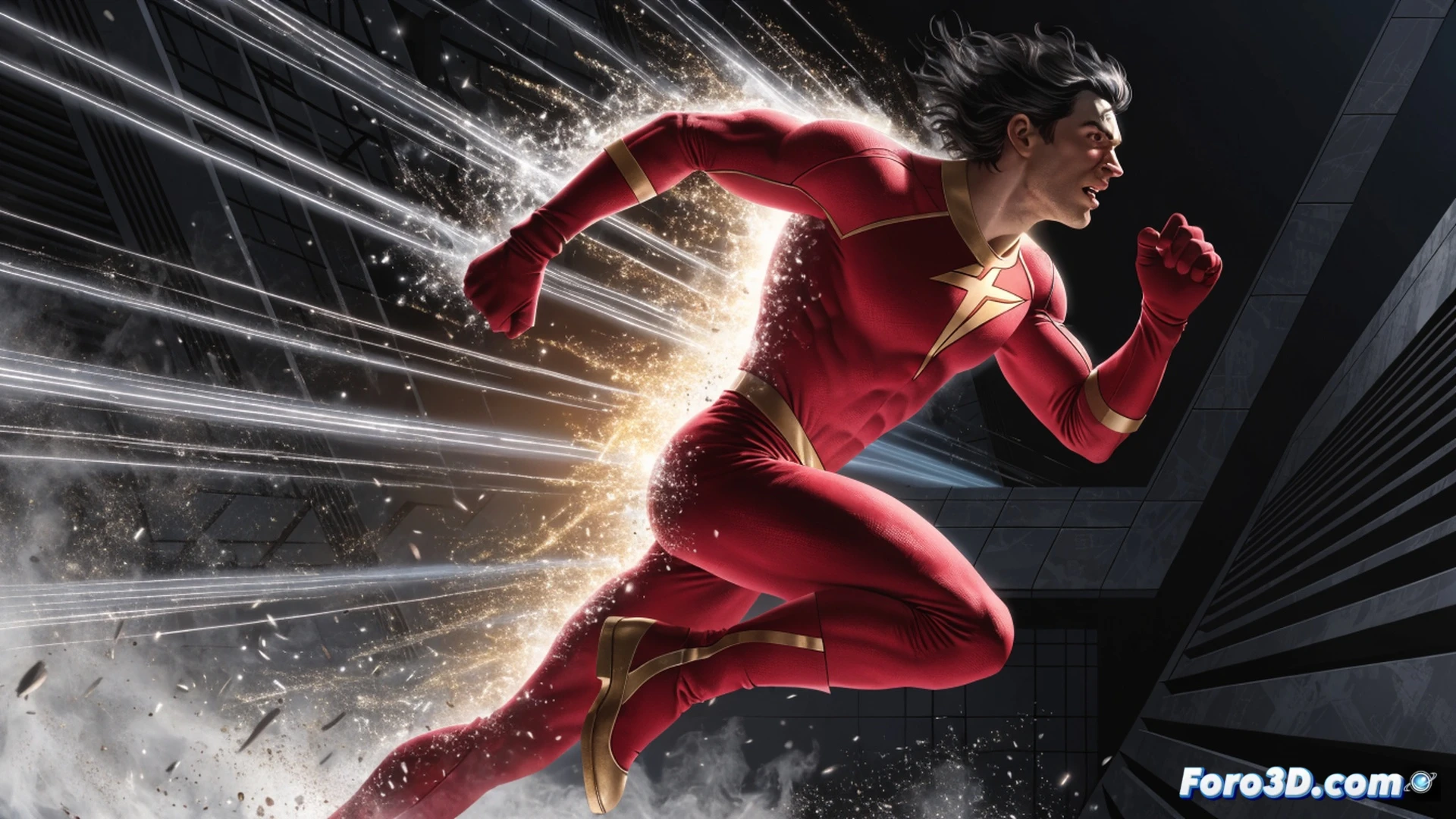 golden-age speedster Johnny Quick mid-stride in a dusty abandoned archive room, activating his speed with a glowing mathematical diagram floating beside his hand, formula 3X2(9YZ)4A depicted as luminescent equations in the air, motion blur on his retro red costume, old comic books and forgotten DC files scattered on the floor, a vintage computer monitor displaying a faded multiverse map, cinematic technical illustration, dramatic side lighting from a broken ceiling lamp, dust particles suspended in light beams, photorealistic render, ultra-detailed textures on worn leather boots and cracked concrete walls, action frozen mid-run while his body shows speed lines