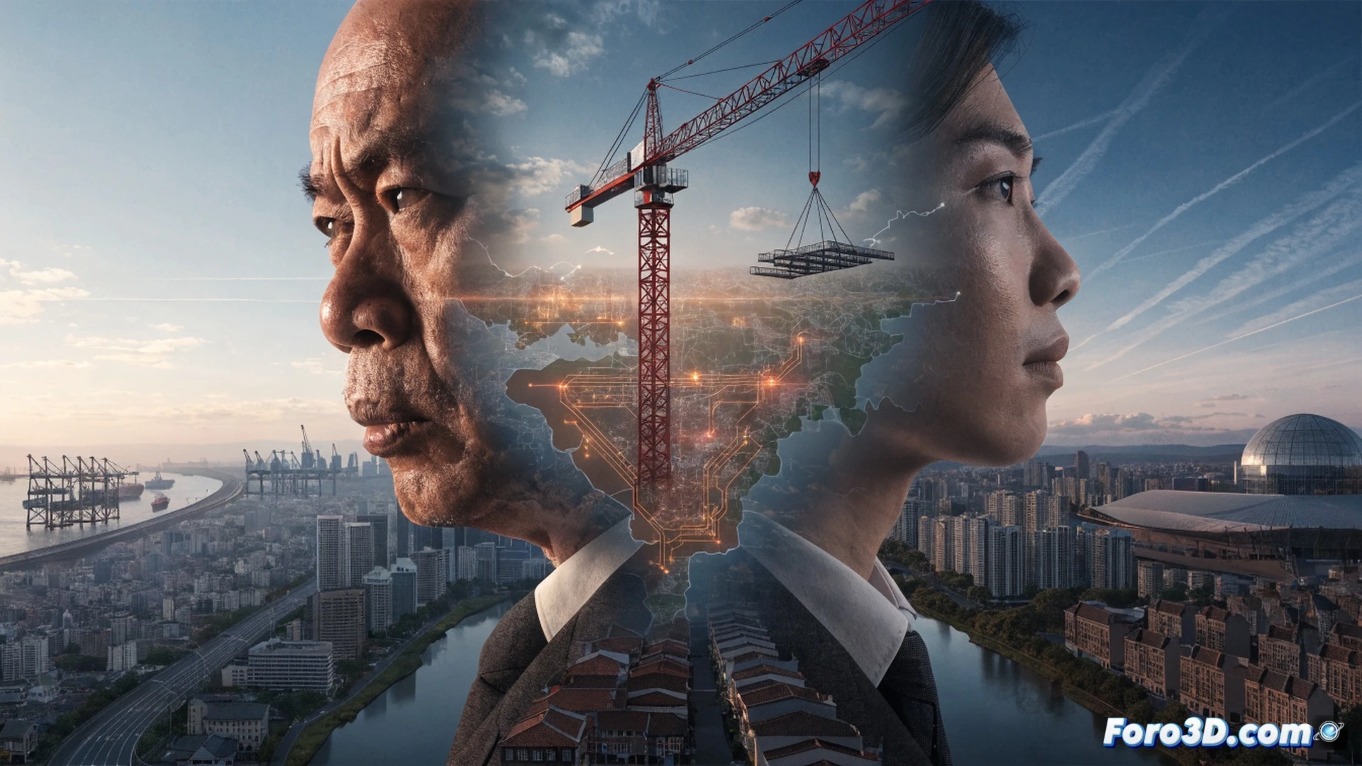 Modernist architectural blueprint of Johor-Singapore Special Economic Zone, construction site showing halted foundation work, idle cranes over empty steel frameworks, workers standing near paused excavation machinery, federal government documents stacked with delay stamps, digital financial graphs declining on holographic display, contrasting with minister's optimistic press conference on distant screen, cinematic photorealistic visualization, dramatic sunset casting long shadows over unfinished infrastructure, technical engineering illustration style, detailed concrete pillars and rebar structures, atmospheric haze mixing dust and golden light
