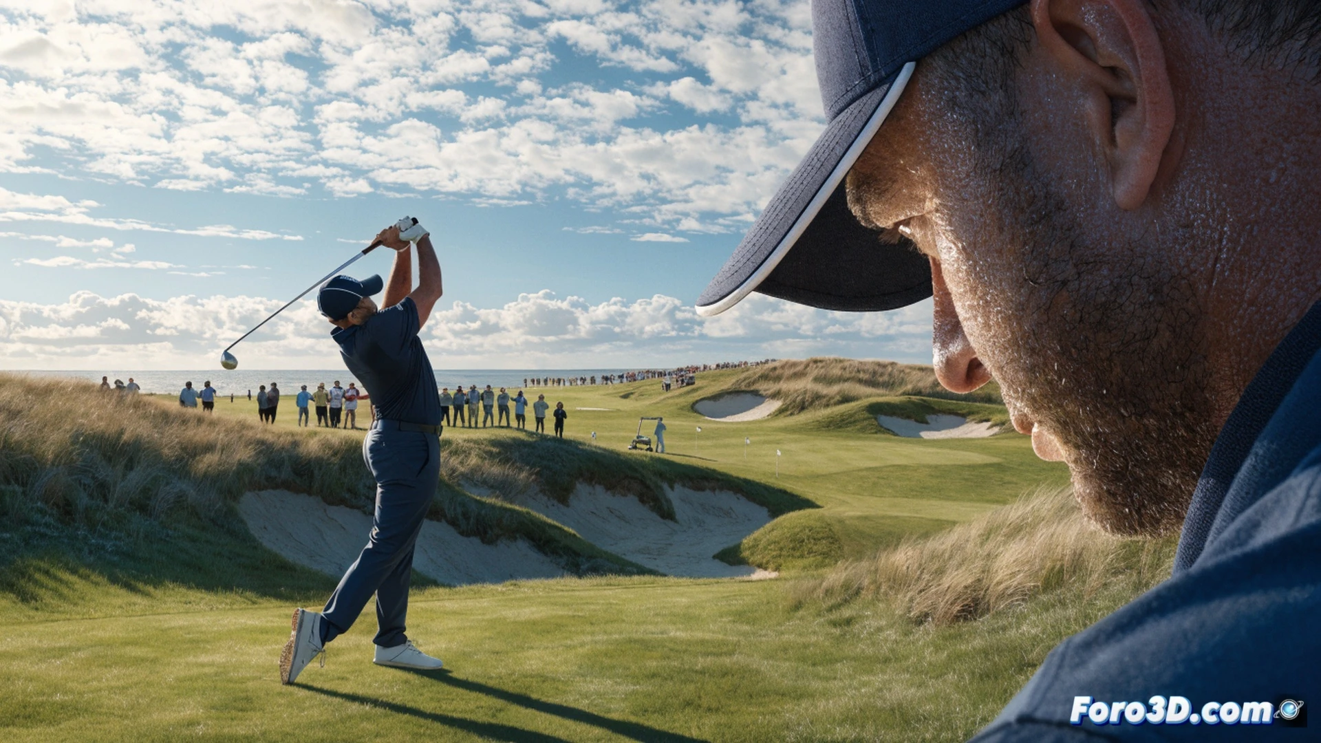 Jon Rahm swinging a golf club on a lush green fairway during the Irish Open, crowd of spectators in the background with smartphones raised capturing the moment, drone camera hovering overhead filming the action, golf ball mid-flight with visible spin trajectory, tournament leaderboard showing his name and score, photorealistic cinematic style, golden hour sunlight casting long shadows, vibrant green grass and blue sky, high-end sports photography aesthetic, motion blur on the club head, detailed crowd expressions of excitement