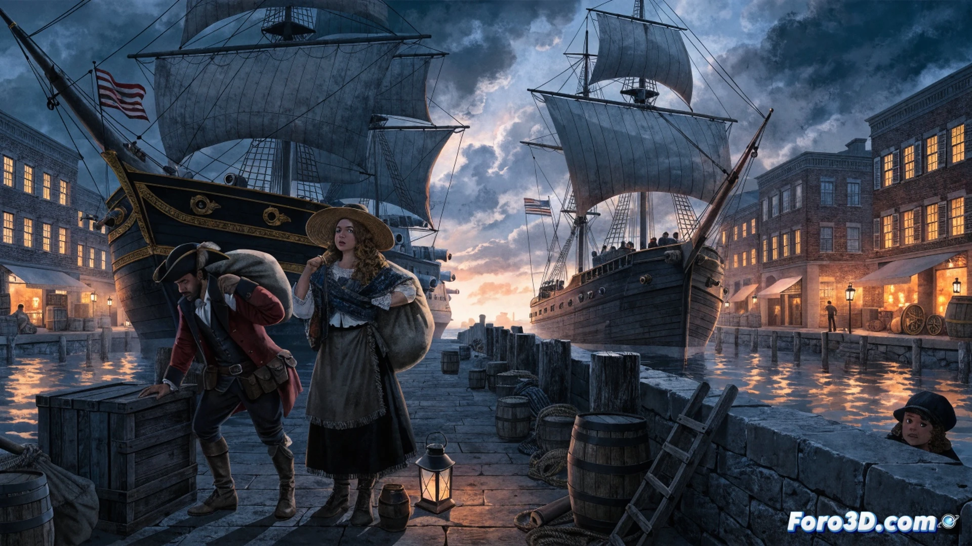 Colonial American dock at night, wooden barrels being loaded onto a small boat by shadowy figures, lantern light illuminating a coded letter and quill on a crate, open ledger with inkpot nearby, hidden compartments in boat hull being demonstrated, historical illustration style, dramatic chiaroscuro lighting, detailed 18th century maritime tools and ropes, cinematic storytelling scene, action of smuggling process visible, period-accurate clothing and tricorn hats, moonlit harbor background, ultra-detailed wood grain and metal fittings, photorealistic historical render