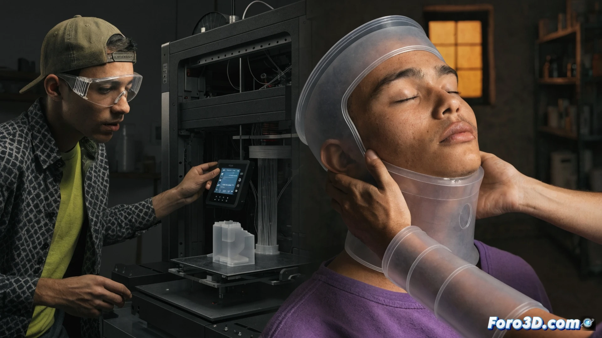 Impresora 3D en funcionamiento fabricando una férula médica transparente para brazo, capa de filamento plástico depositándose sobre la cama caliente, junto a la máquina un collarín cervical terminado y otro prototipo siendo ajustado por manos enguantadas, sobre una mesa de trabajo con herramientas técnicas y un ordenador portátil mostrando software de modelado 3D con diseño ortopédico en pantalla, fondo de taller iluminado con luz blanca fría, estilo cinematográfico de ingeniería, texturas plásticas detalladas, ambiente de laboratorio de fabricación digital, fotorealismo técnico.
