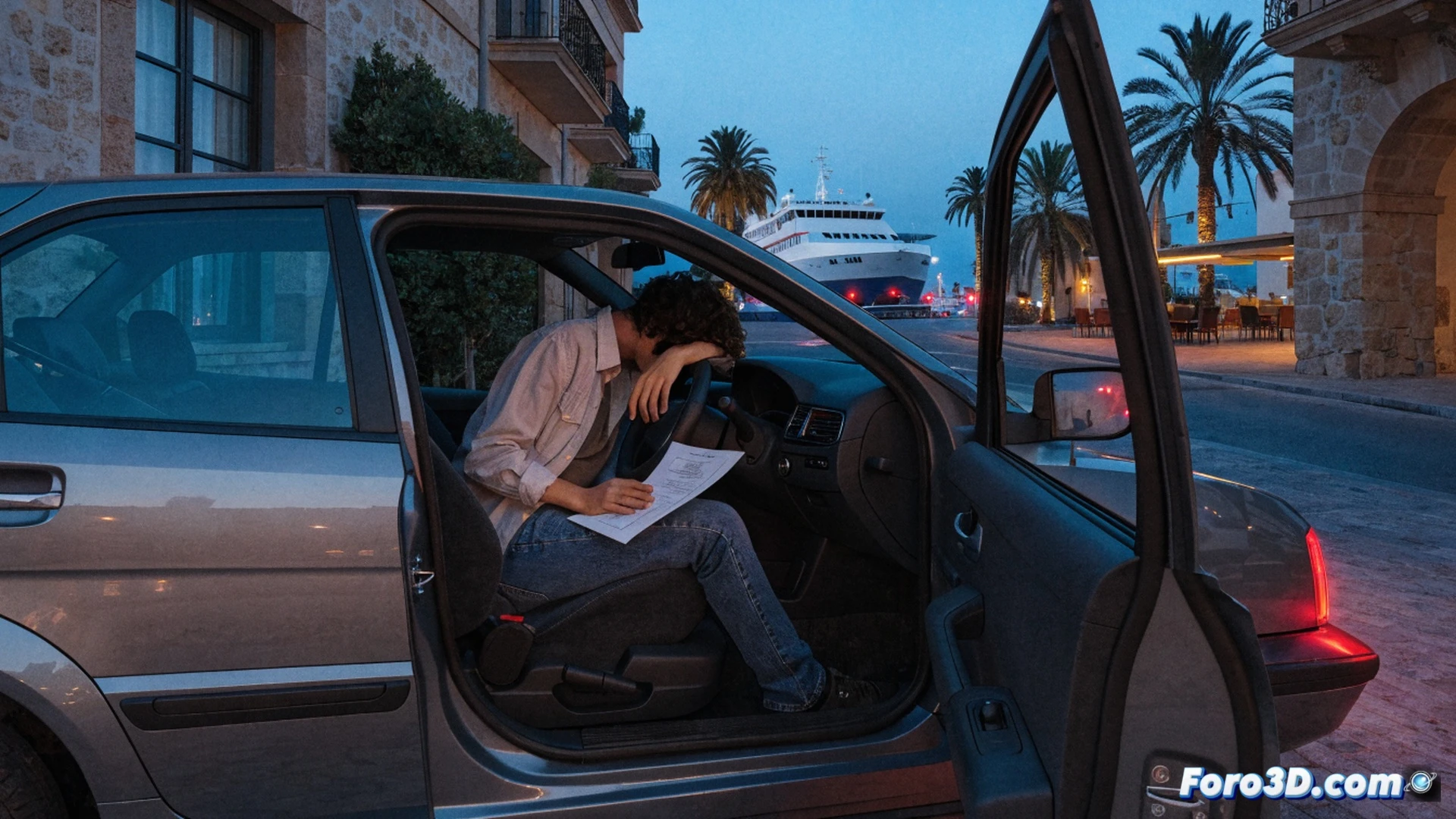young man sleeping in back seat of compact car parked near ferry terminal at dawn, Mallorca coastline visible through foggy windshield, car filled with folded clothes and printed resumes on dashboard, empty wallet on passenger seat, laptop with job search website open on screen, phone charging cable dangling, exhausted expression with morning light casting long shadows, photorealistic cinematic style, gritty urban realism, muted blue and orange color palette, condensation on windows, worn car interior with visible wear on steering wheel and seats, emotional storytelling through environmental details, ultra-detailed textures of fabric and plastic, natural morning lighting from harbour
