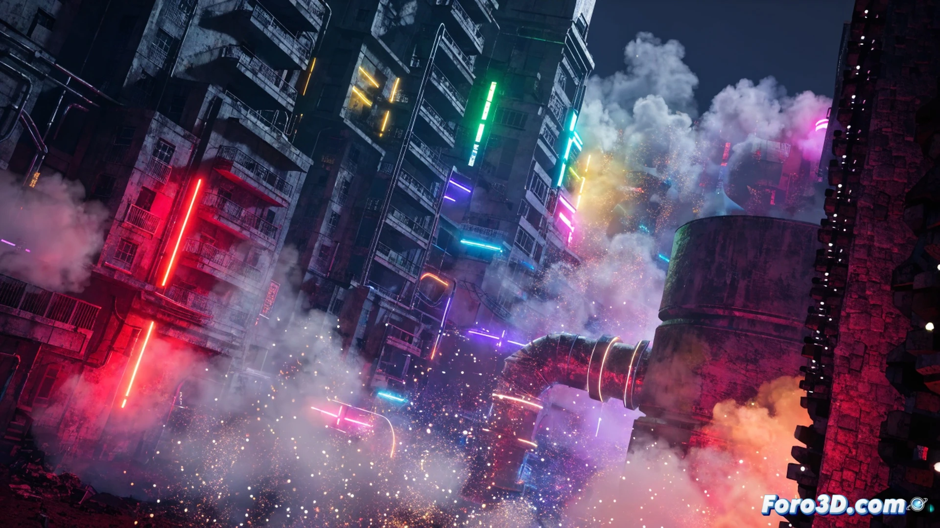cyberpunk protagonist standing on a rain-slicked metal catwalk, neon pink and cyan light piercing through thick volumetric fog, massive holographic particle clouds swirling around a damaged reactor core, sparks and smoke rising from exposed circuitry, Unreal Engine 5 cinematic visualization, photorealistic metallic surfaces with reflective wetness, dense atmospheric haze with light scattering, dynamic particle systems floating in midair, humeantes vapor trails from broken pipes, dramatic backlighting from distant neon signs, ultra-detailed sci-fi architecture, opressive moody lighting, realistic volumetric effects, technical illustration style