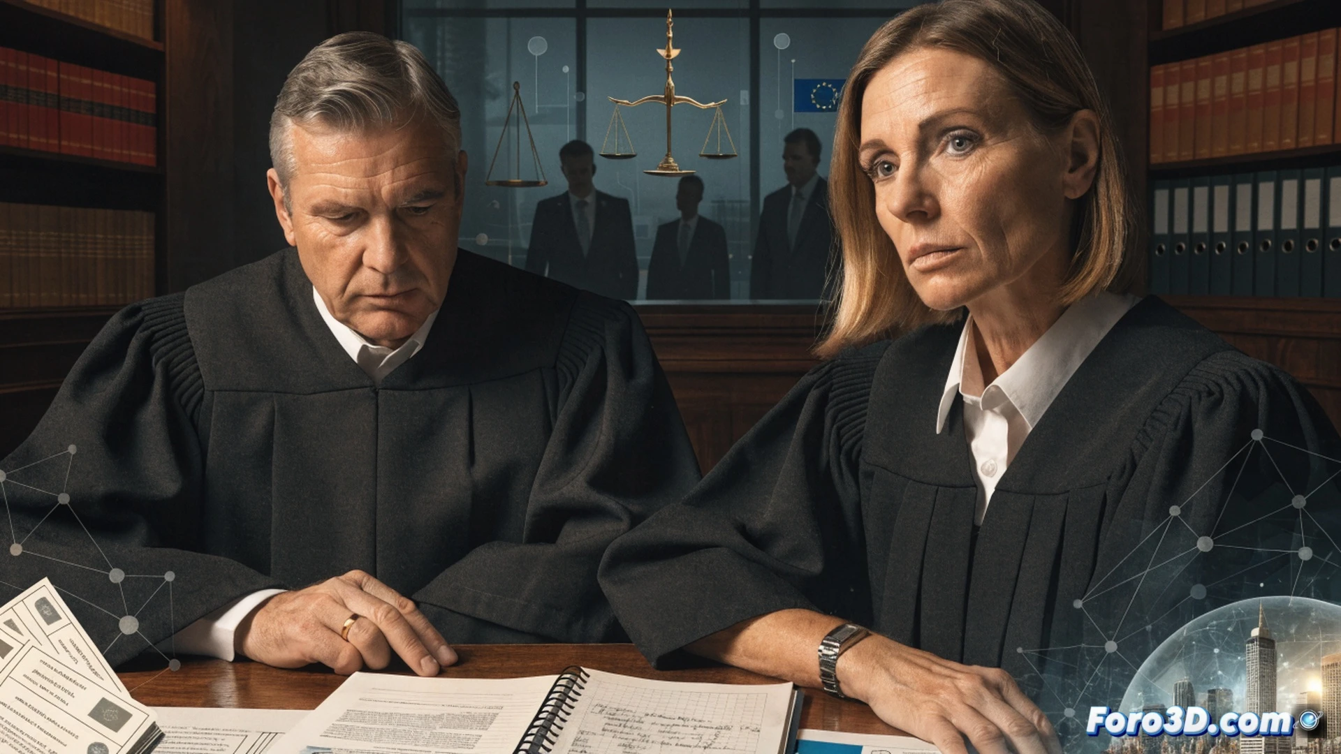Photorealistic courtroom interior, three judges in black robes seated at a high bench, one judge’s hand resting on a stack of financial documents while another judge reviews a corporate balance sheet on a tablet, gavel mid-air during a ruling, invisible strings attached to the judges’ wrists leading to a shadowy boardroom table with stock certificates and euro bills, cinematic lighting with harsh shadows cast across the chamber, polished wood surfaces reflecting blurred graphs and legal codes, technical illustration style, ultra-detailed textures, dramatic chiaroscuro, no text or numbers visible