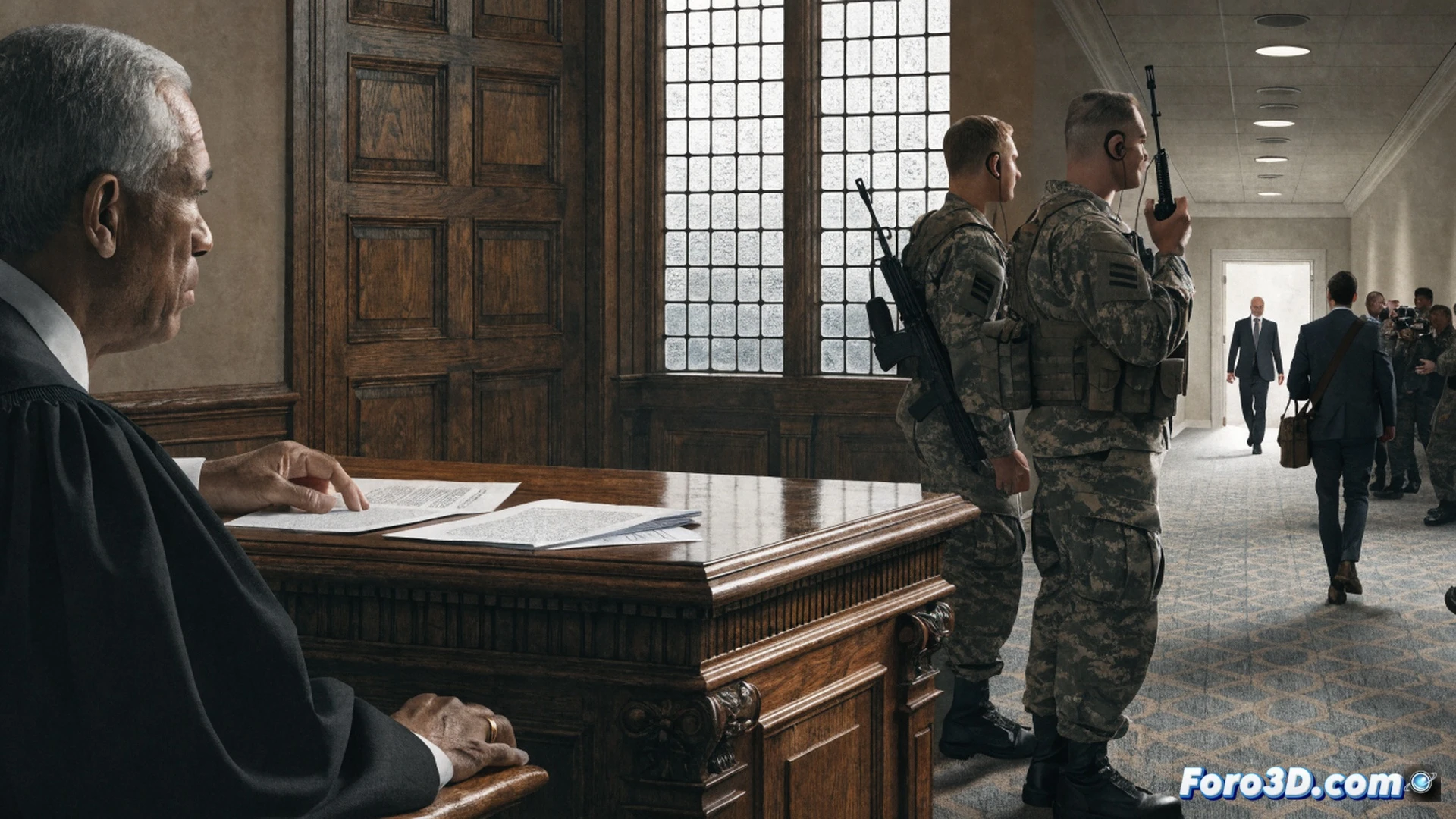 Federal courthouse interior scene, judge's gavel striking wooden block mid-action, Pentagon building visible through window behind courtroom, journalists holding press badges and cameras standing in foreground, legal documents with court seal being stamped, security escort armband being removed from journalist, cinematic photorealistic style, dramatic courtroom lighting from ceiling fixtures, polished mahogany furniture, American flag in corner, tension between uniformed military officer and reporters, technical legal environment with law books and digital evidence screens, ultra-detailed architectural columns, realistic shadows and reflections