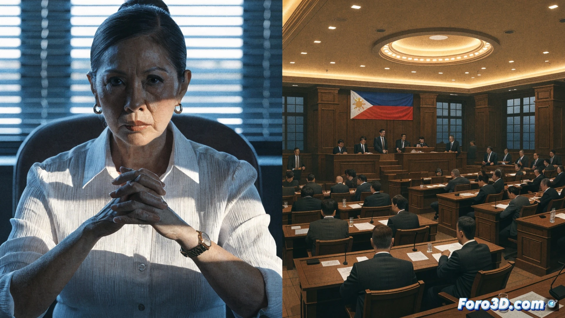 Senate chamber in Manila during impeachment proceedings, Vice President Sara Duterte standing at a lectern under bright fluorescent lights, senators reviewing financial documents on digital tablets, stacked folders labeled with forensic audit reports on mahogany desks, a gavel mid-strike on a wooden block, security guards visible near exits, cinematic photorealistic rendering, dramatic shadows from ceiling lights, tense atmosphere with blurred audience in background, polished marble floors reflecting warm amber tones, ultra-detailed textures on legal papers and microphones, technical visualization of institutional power struggle