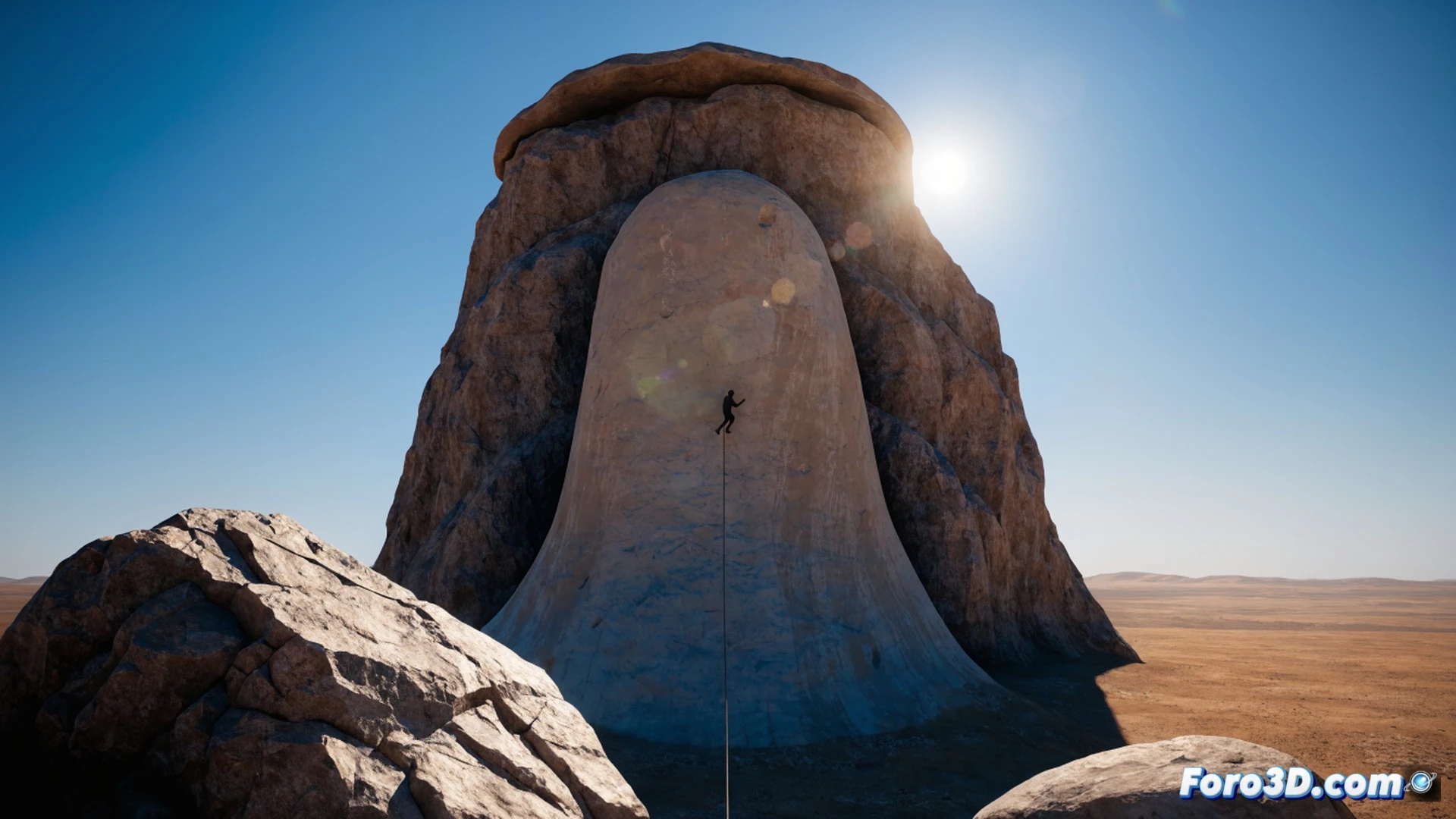 minimalist climber ascending a colossal desert rock tower under intense vertical sun, rope physics simulation showing dynamic tension and slack during a reach, Lumen global illumination casting harsh shadows and glowing heat haze on stylized stone textures, Unreal Engine 5 volumetric fog particles drifting, climbing tool carabiner clipping into a piton, no enemies or text, cinematic technical visualization, warm orange and gold color palette, photorealistic yet stylized rendering, dramatic high-angle shot emphasizing scale
