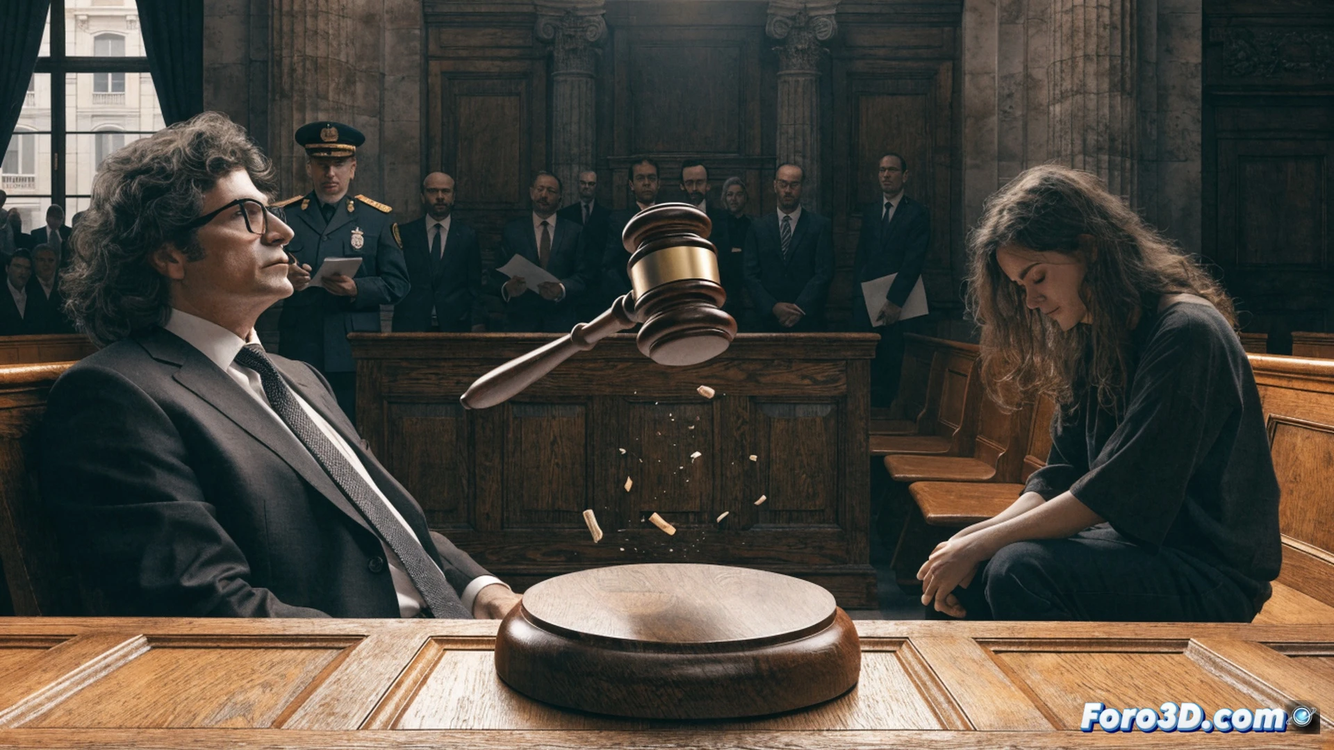 European judicial documents with a cracked gavel suspended mid-air, slow-motion falling sand from a fragmented hourglass over a courtroom scale, legal code pages fading into translucent digital barriers between EU member states, cinematic photorealistic visualization, dramatic chiaroscuro lighting, metallic textures reflecting cold blue light, procedural backlog displayed as tangled red thread wrapping around a judge’s bench, technical illustration style, hyper-detailed legal symbols and clockwork mechanisms