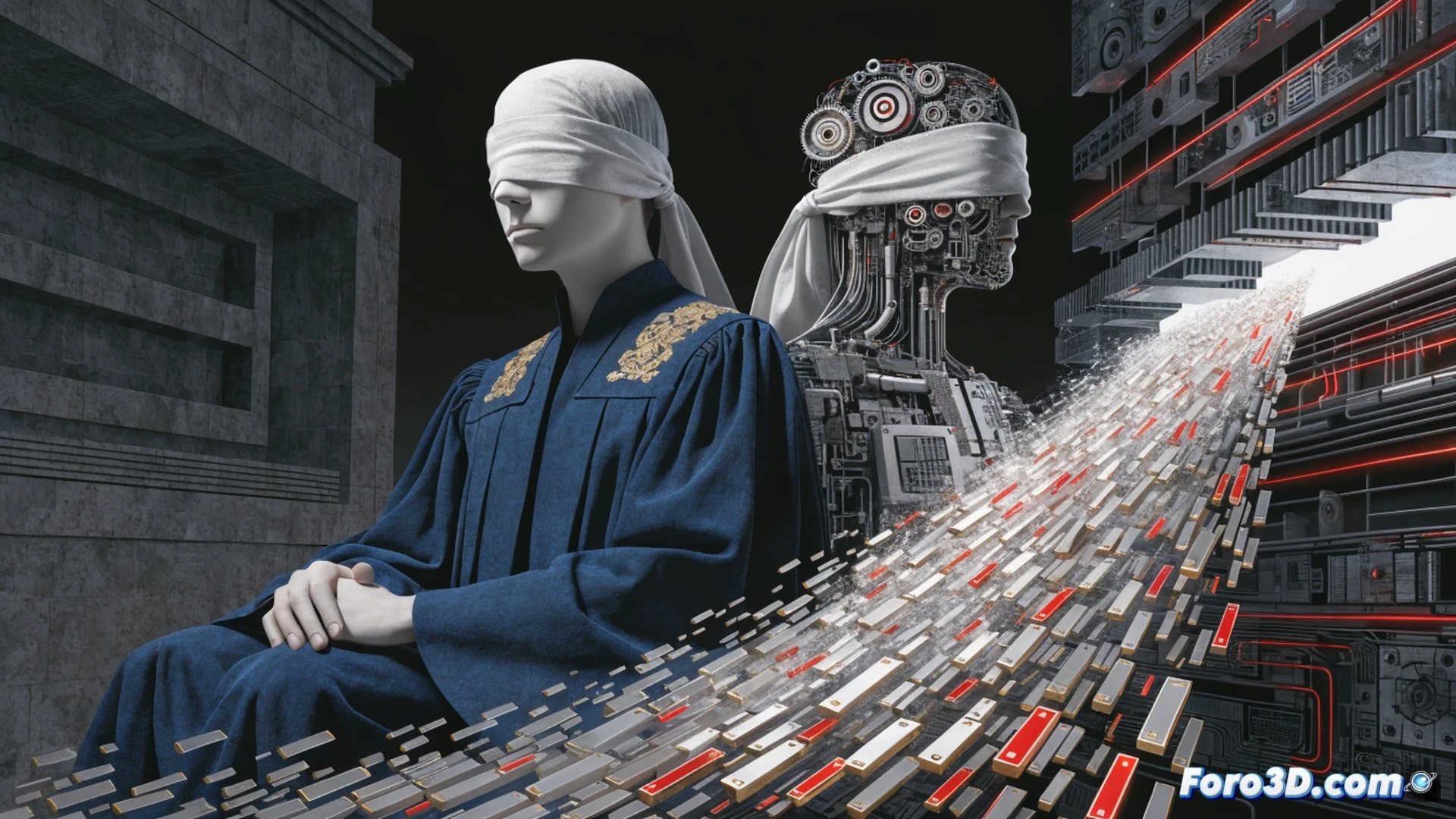 Photorealistic cinematic scene of a cracked marble statue of Lady Justice collapsing, her scales tipping violently while a single broken sword falls mid-air, courtroom background blurred with empty jury benches and flickering fluorescent lights, scattered case files and broken gavel on the floor, forensic evidence bag torn open with digital timestamps fading into static, technical illustration style, dramatic low-angle lighting casting long shadows, debris particles suspended in motion, ultra-detailed textures of fractured stone and peeling paint, cold blue-gray color palette with harsh highlights