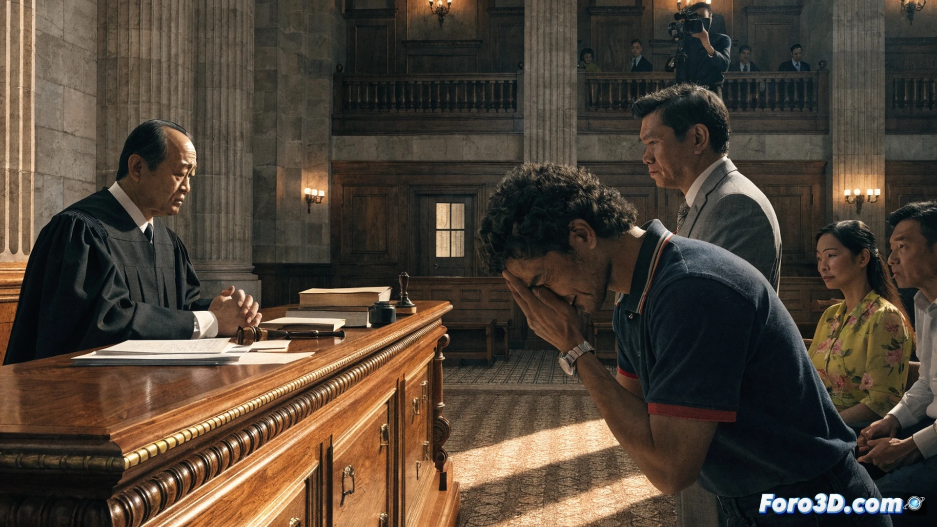 foreign worker in singapore court, hands presenting a digital timesheet app on a smartphone, screen showing 15-hour daily logs with no days off, judge’s gavel striking a wooden block, legal documents with highlighted labour law clauses, office cubicle background with a clock showing late night hours, cinematic photorealistic render, dramatic courtroom lighting, sweat on worker’s brow, broken mechanical keyboard on the desk, intense eye contact between worker and employer across the table, ultra-detailed fabric textures, golden hour sunlight through blinds