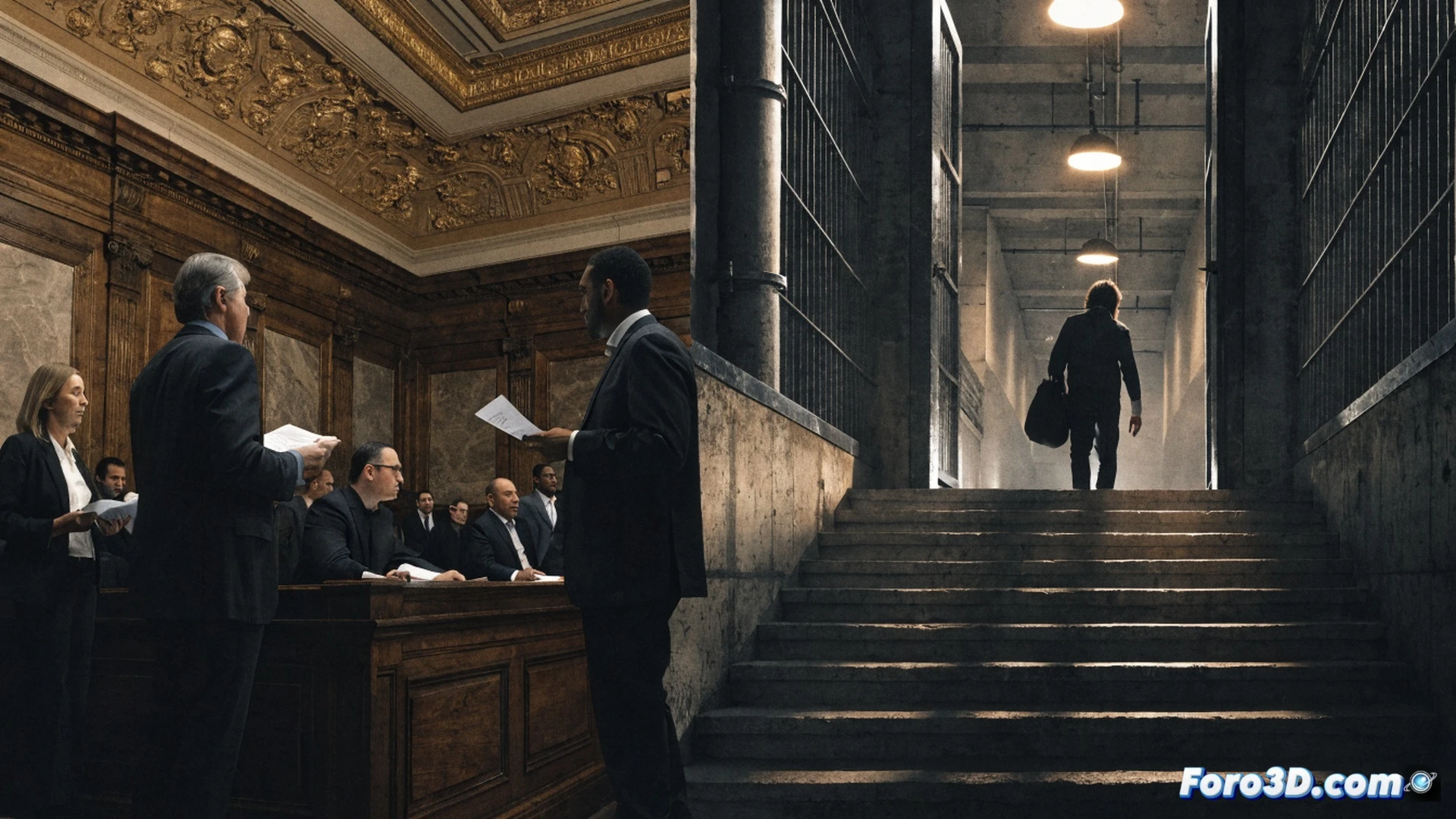 Corte parisina con magistrados en toga negra deliberando sobre expedientes judiciales apilados, mapa de España sobre la mesa con rutas de extradición marcadas en rojo, sello de absolución francés junto a fotografía de Josu Ternera esposado, fondo de edificio gubernamental francés con bandera ondeando, proceso legal en acción, mostrando documentos legales abiertos y pluma sobre papel, estilo cinematográfico fotorrealista, iluminación dramática de tribunal, sombras duras, textura de madera oscura, detalles nítidos en sellos oficiales y carpetas.