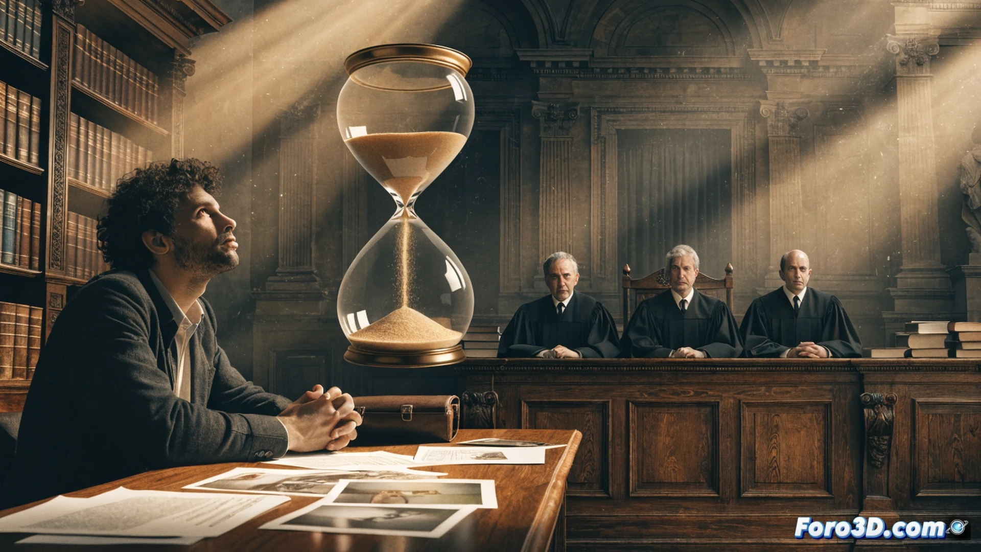 courthouse interior scene showing a judge's gavel striking a wooden block, old case files stacked on a desk, a legal seal being stamped on overturned documents, dust particles floating in a beam of light from a high window, photorealistic technical illustration, dramatic chiaroscuro lighting, mahogany furniture, worn leather chairs, a clock showing time passing, symbolic scales of justice slightly tipped, cinematic composition, ultra-detailed textures of paper and wood