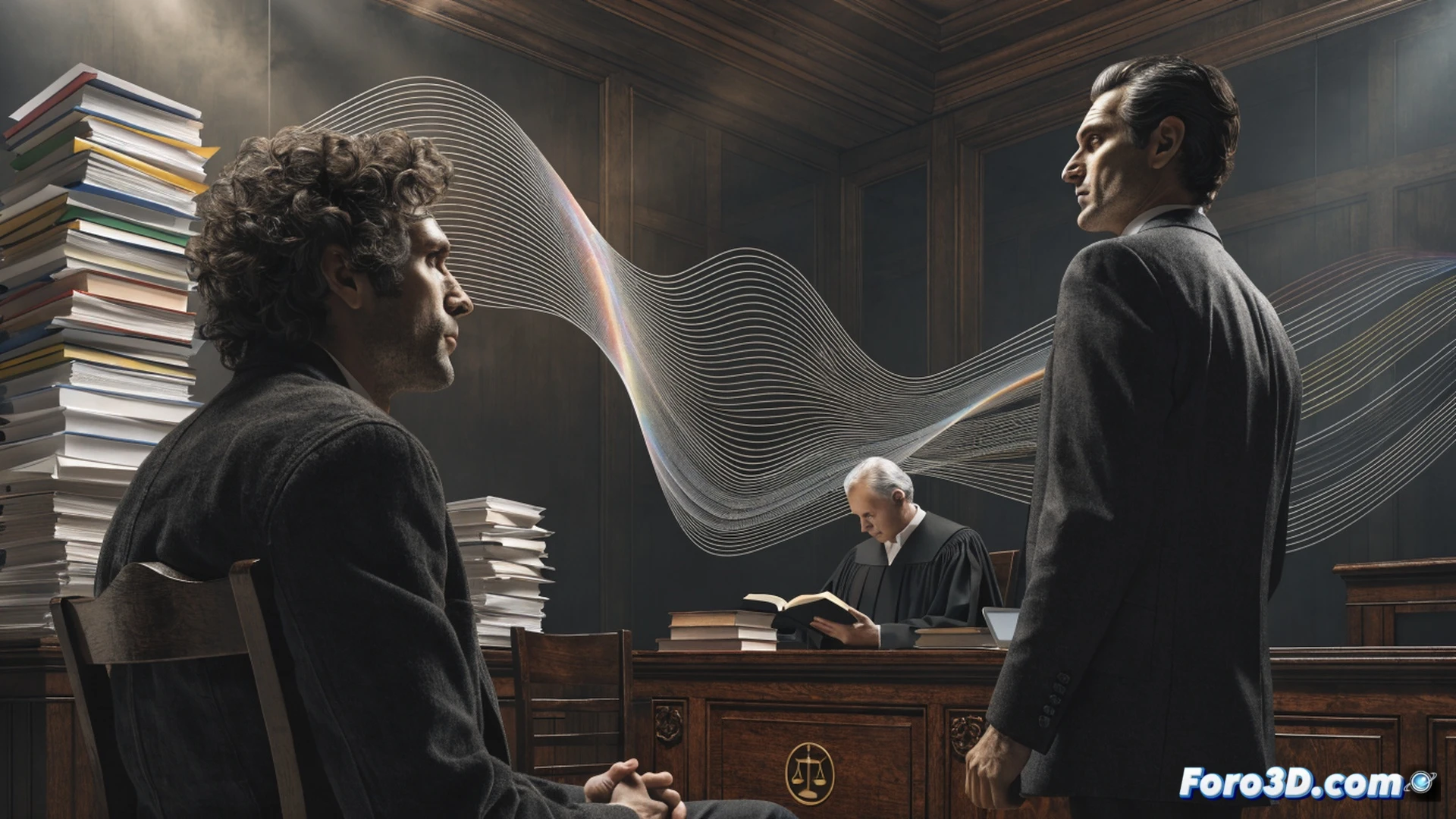 courtroom evidence review scene, judge examining an empty evidence folder on a wooden desk, a single unplugged microphone hanging above, lawyer gesturing toward a blank projector screen while a defendant sits with hands folded, forensic lab equipment in background showing unused DNA swabs and a sealed evidence bag, dramatic chiaroscuro lighting from a window casting long shadows, photorealistic technical illustration, sterile institutional atmosphere, muted beige and grey tones, dust particles visible in light beam, cinematic framing with shallow depth of field