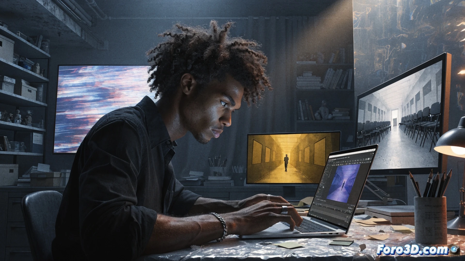 young filmmaker sitting at a cluttered desk in a dim room, editing a movie on a laptop screen showing a yellow-walled Backrooms corridor timeline, coffee cup and headphones nearby, laptop lid slightly open revealing editing software interface with video clips and audio waveforms, action of dragging a clip with a mouse cursor, cinematic photorealistic style, warm desk lamp glow contrasting with cool screen light, scattered notes and hard drives on desk, intense focus on the editing process, shallow depth of field, realistic textures and reflections
