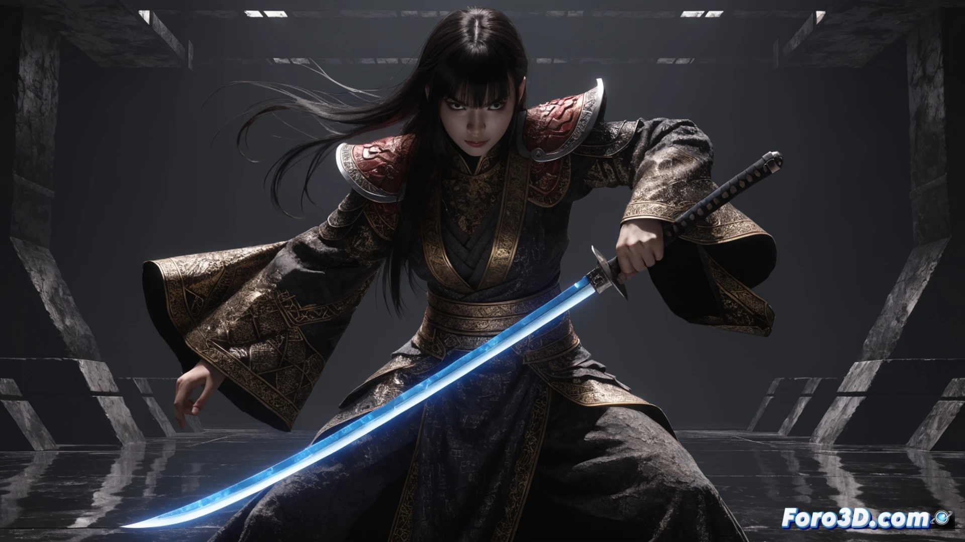 japanese warrior woman in torn tactical armor holding a glowing katana blade mid-swing, soultaker sword absorbing ethereal blue energy from defeated shadowy enemies, katanas edge cutting through dark smoke, battlefield rubble and broken tech debris around her, cinematic action shot, dramatic low-angle perspective, dynamic pose with fabric and hair whipping in wind, photorealistic comic book style, volumetric lighting from sword glow illuminating her determined face, dark storm clouds overhead, sparks and dust particles suspended in air, ultra-detailed armor scratches and blade reflections