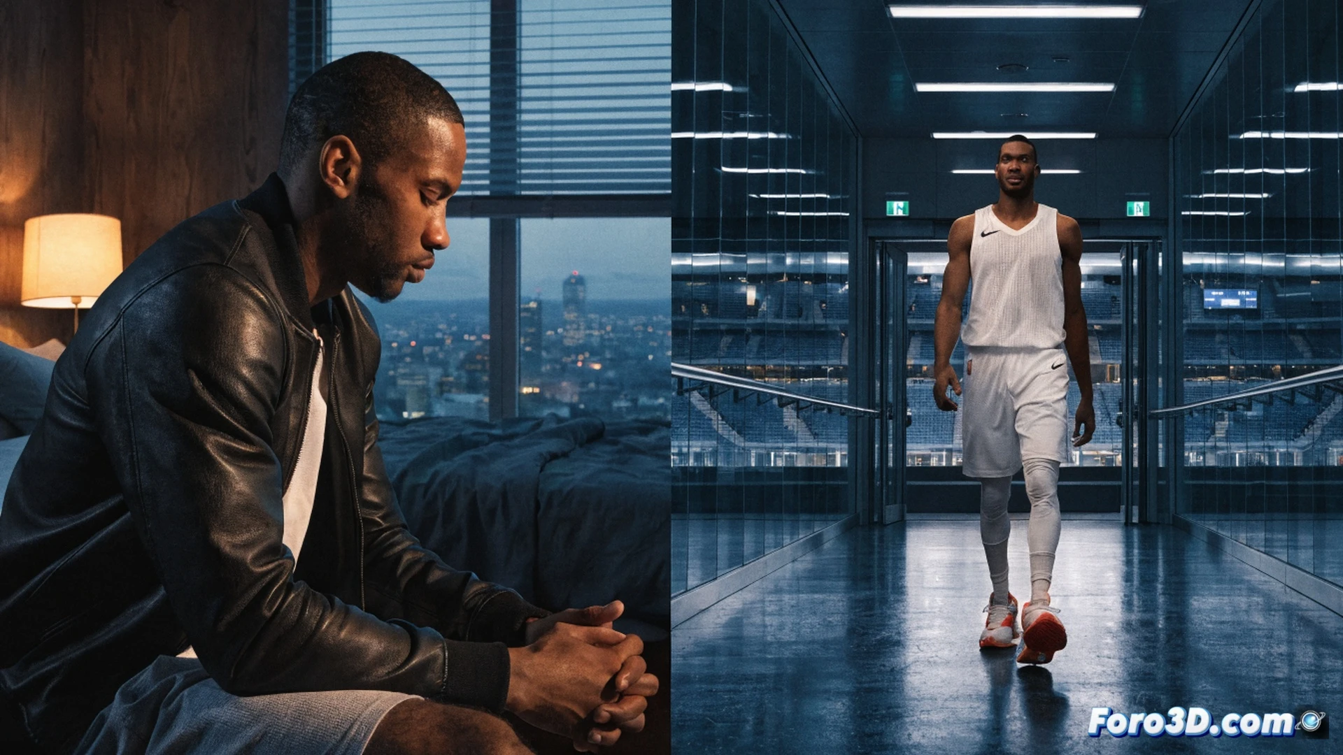 Kawhi Leonard mid-range jump shot over a defender, Scotiabank Arena court, ball releasing from fingertips with spin visible, crowd blurred in background wearing Raptors red and white, arena lights reflecting off polished hardwood floor, sneakers gripping court during action, photorealistic sports photography style, dramatic arena lighting, sweat droplets frozen mid-air, net tension visible, deep shadows under basket, ultra-detailed jersey fabric texture, high-contrast cinematic composition, 8K technical sports render