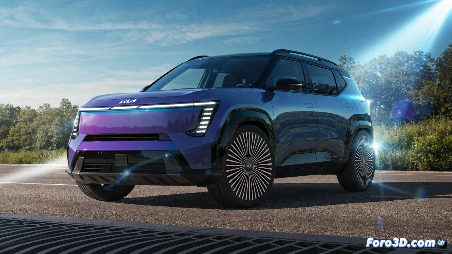 KIA EV3 SUV eléctrico en un concesionario iluminado con luz natural, mostrando su cargador conectado al puerto frontal mientras una pantalla táctil integrada exhibe un gráfico de autonomía de batería de 81.4 kWh, con un cartel promocional colgando del techo que indica un descuento de 6400 euros, fondo con herramientas técnicas y un cable de carga enrollado en el suelo, estilo cinematográfico photorealistic, iluminación suave de estudio, reflejos metálicos en la carrocería, detalles de ingeniería en el interior minimalista, render técnico ultra detallado
